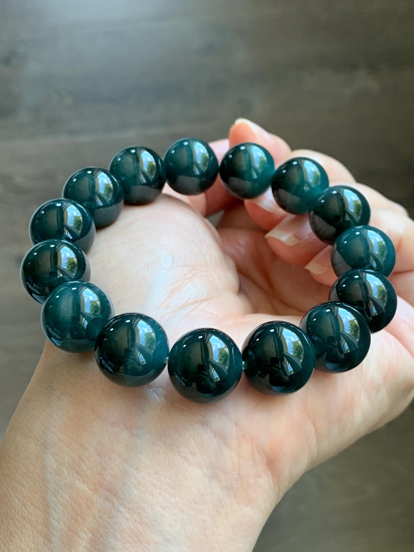 LARGE Natural Grade A Guatemalan Icy Translucent Dark Teal Green Jade Jadeite Beaded Bracelet 13.9mm 7.75” 70g 天然冰危深老蓝水翡翠大卡手串 WDS660A
