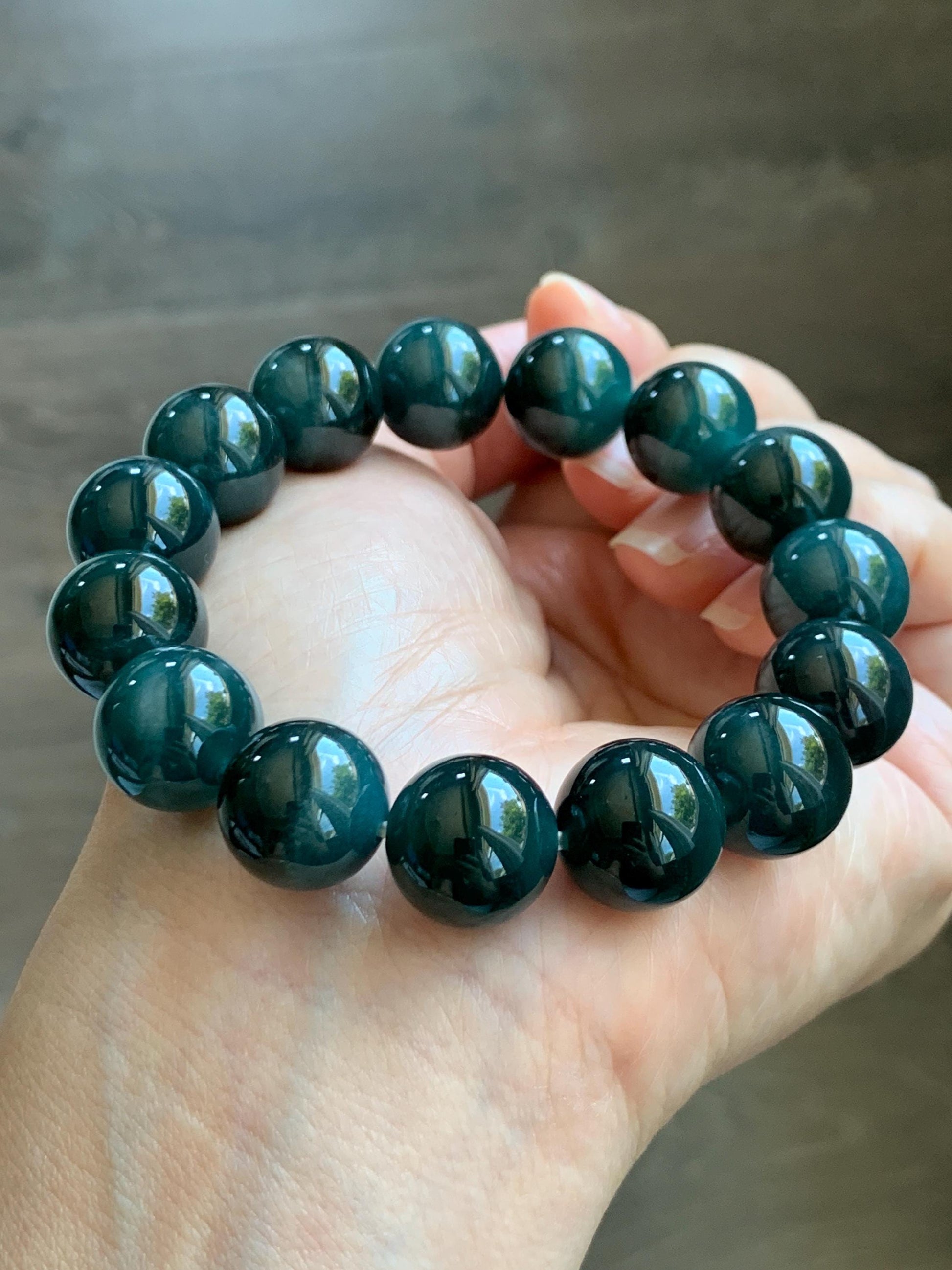 LARGE Natural Grade A Guatemalan Icy Translucent Dark Teal Green Jade Jadeite Beaded Bracelet 13.9mm 7.75” 70g 天然冰危深老蓝水翡翠大卡手串 WDS660A