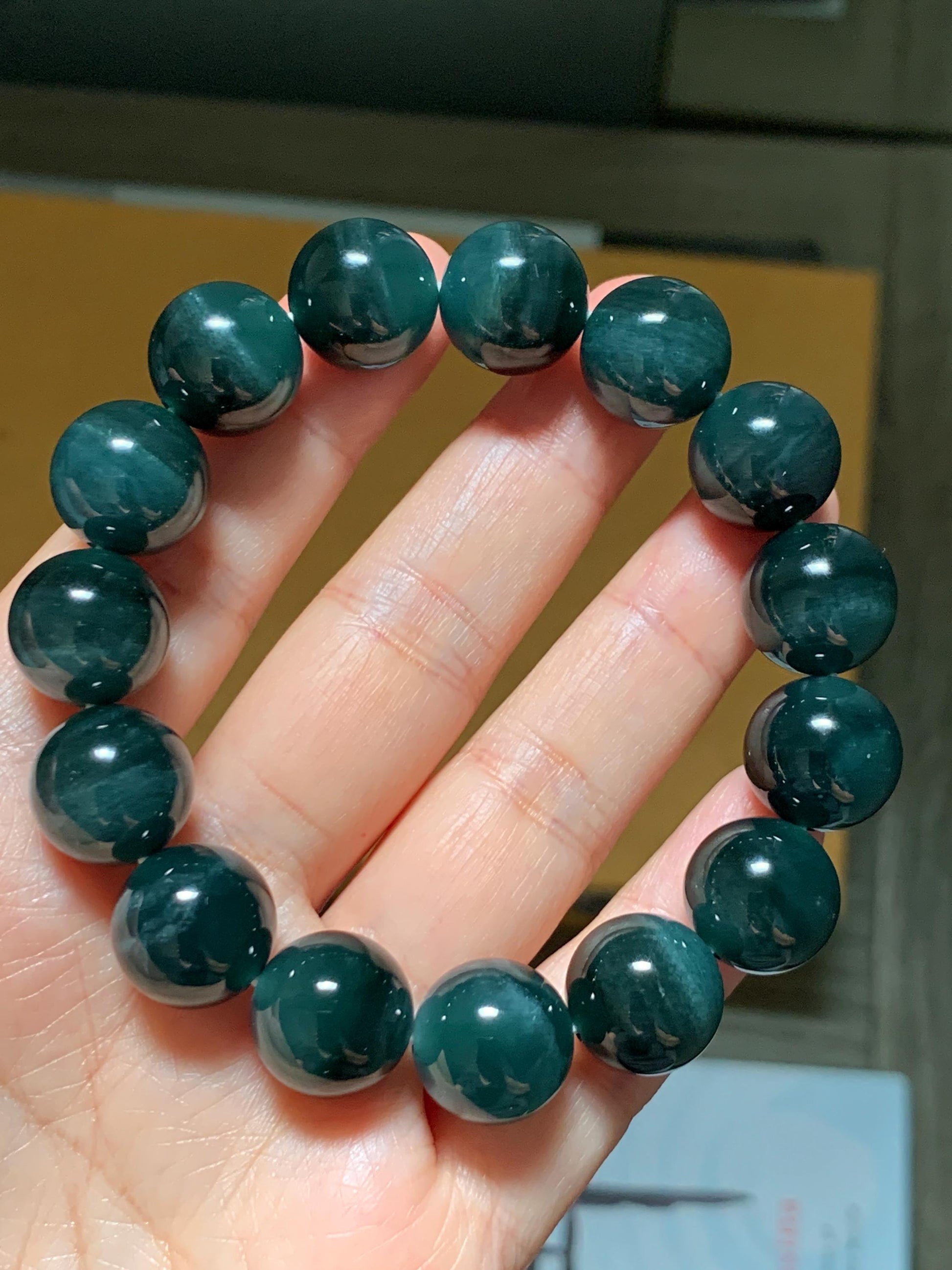 LARGE Natural Grade A Guatemalan Icy Translucent Dark Teal Green Jade Jadeite Beaded Bracelet 13.9mm 7.75” 70g 天然冰危深老蓝水翡翠大卡手串 WDS660A