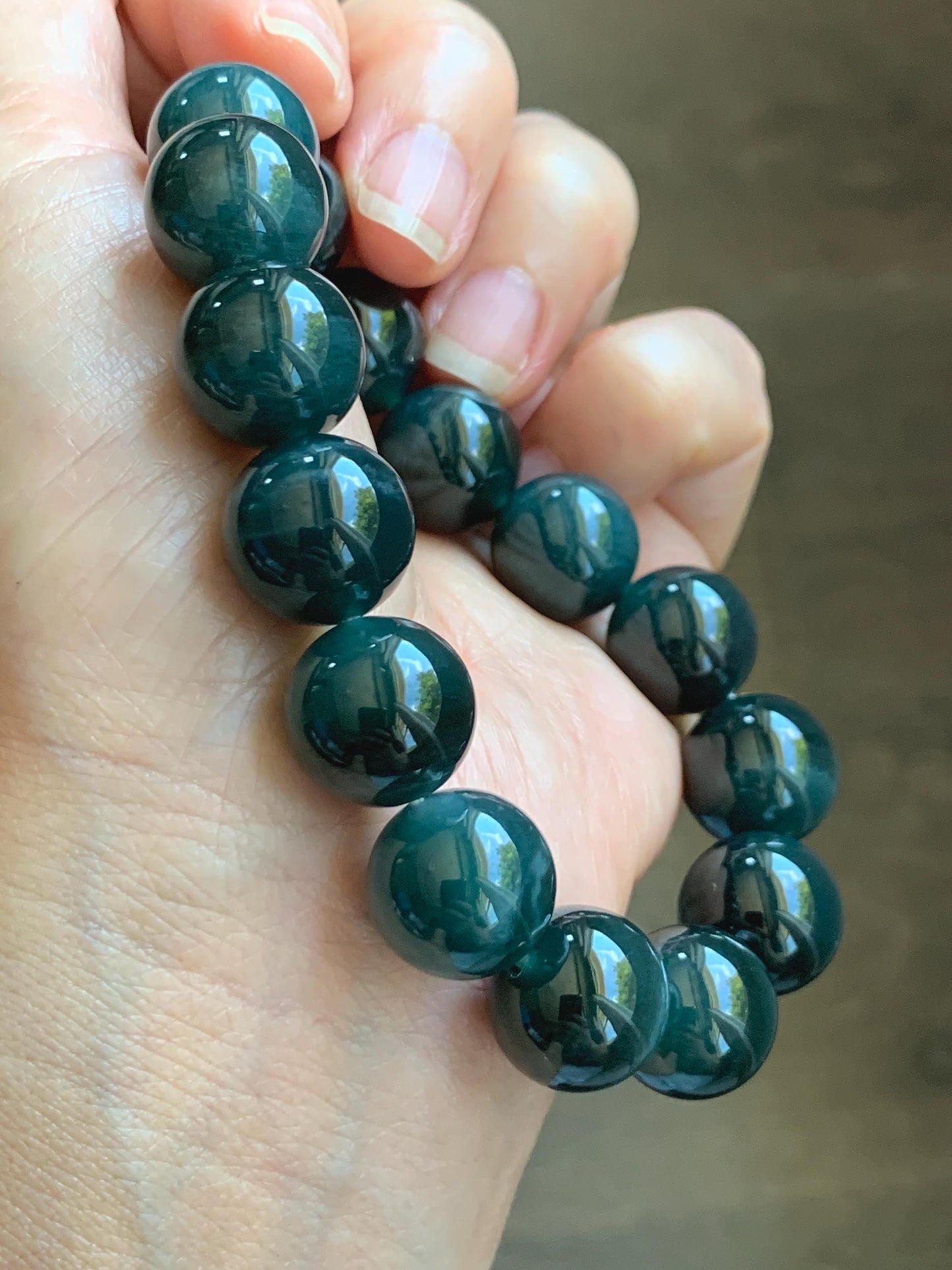 LARGE Natural Grade A Guatemalan Icy Translucent Dark Teal Green Jade Jadeite Beaded Bracelet 13.9mm 7.75” 70g 天然冰危深老蓝水翡翠大卡手串 WDS660A