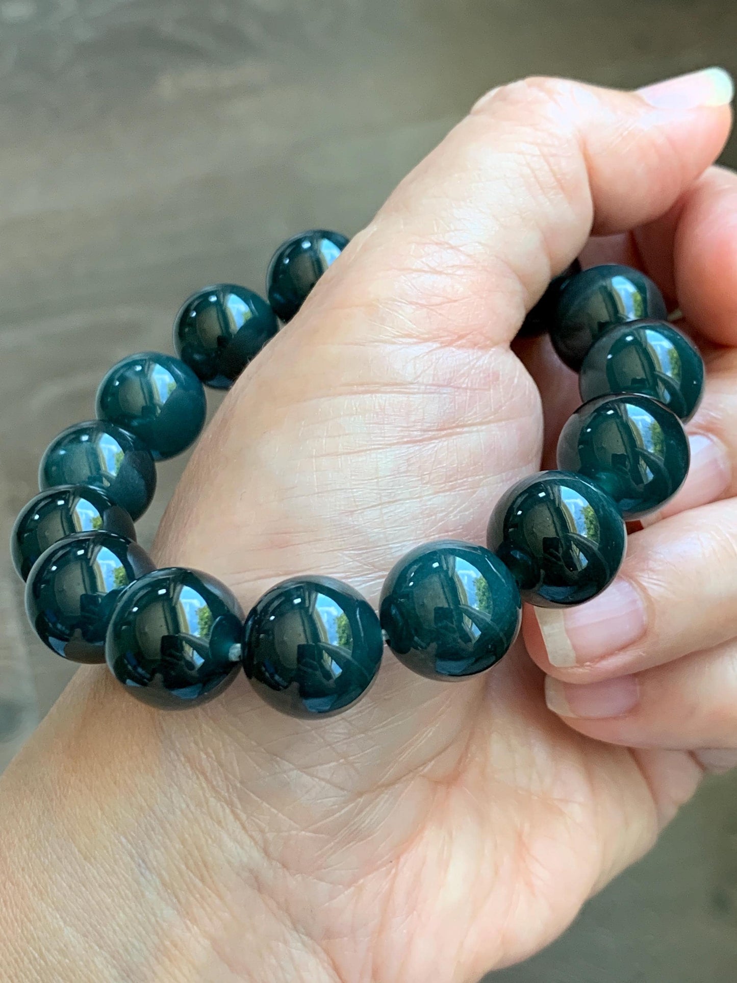 LARGE Natural Grade A Guatemalan Icy Translucent Dark Teal Green Jade Jadeite Beaded Bracelet 13.9mm 7.75” 70g 天然冰危深老蓝水翡翠大卡手串 WDS660A