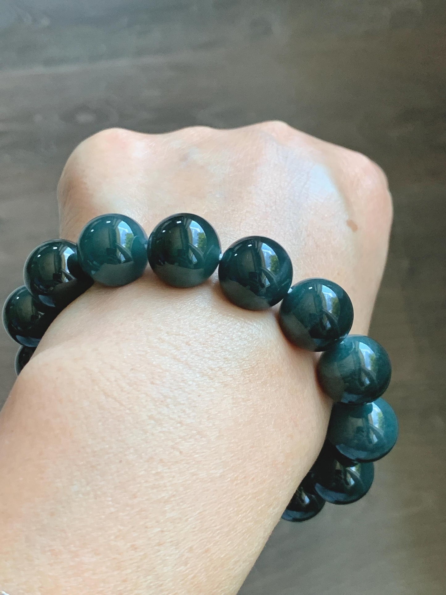 LARGE Natural Grade A Guatemalan Icy Translucent Dark Teal Green Jade Jadeite Beaded Bracelet 13.9mm 7.75” 70g 天然冰危深老蓝水翡翠大卡手串 WDS660A