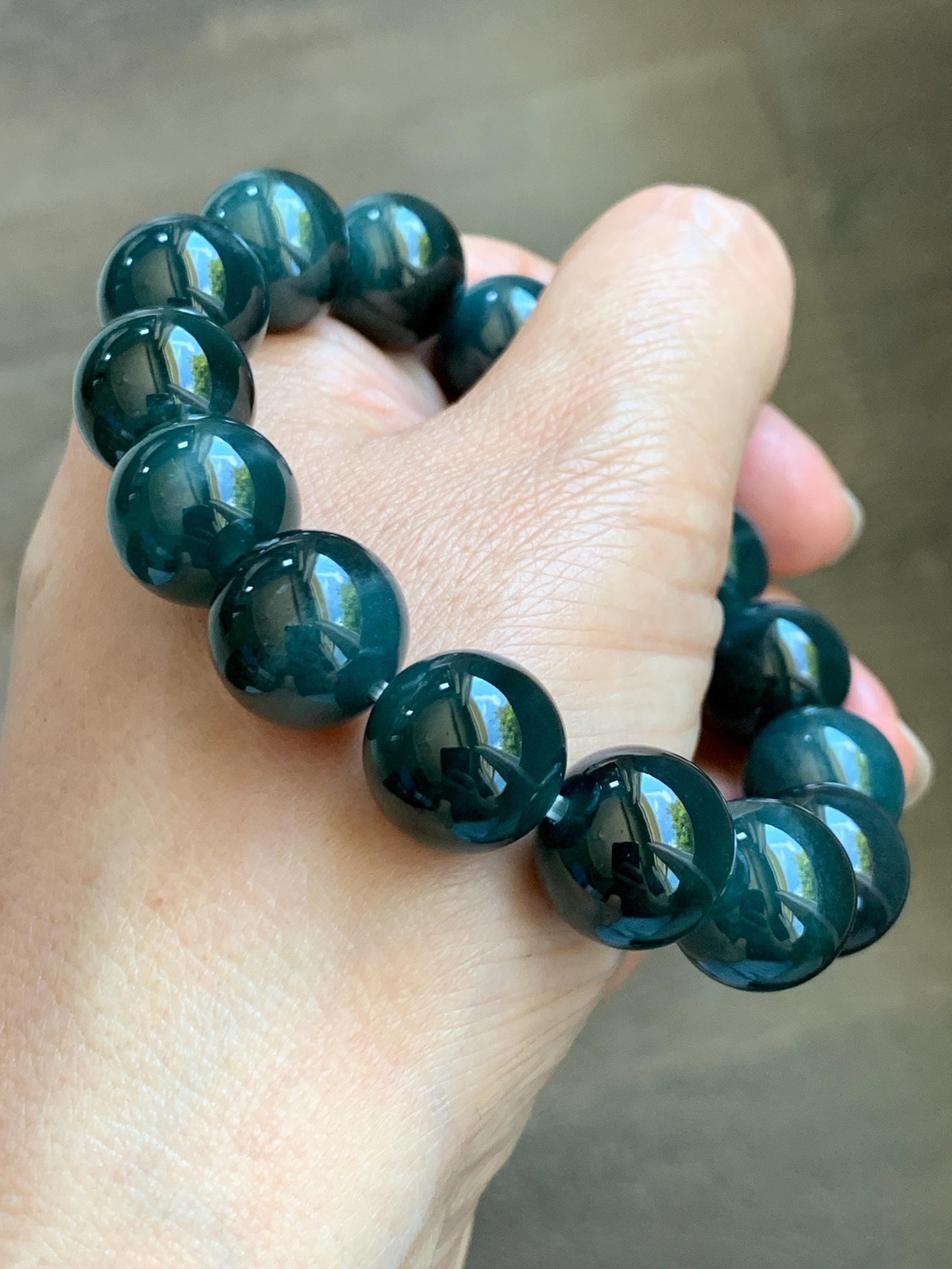 LARGE Natural Grade A Guatemalan Icy Translucent Dark Teal Green Jade Jadeite Beaded Bracelet 13.9mm 7.75” 70g 天然冰危深老蓝水翡翠大卡手串 WDS660A