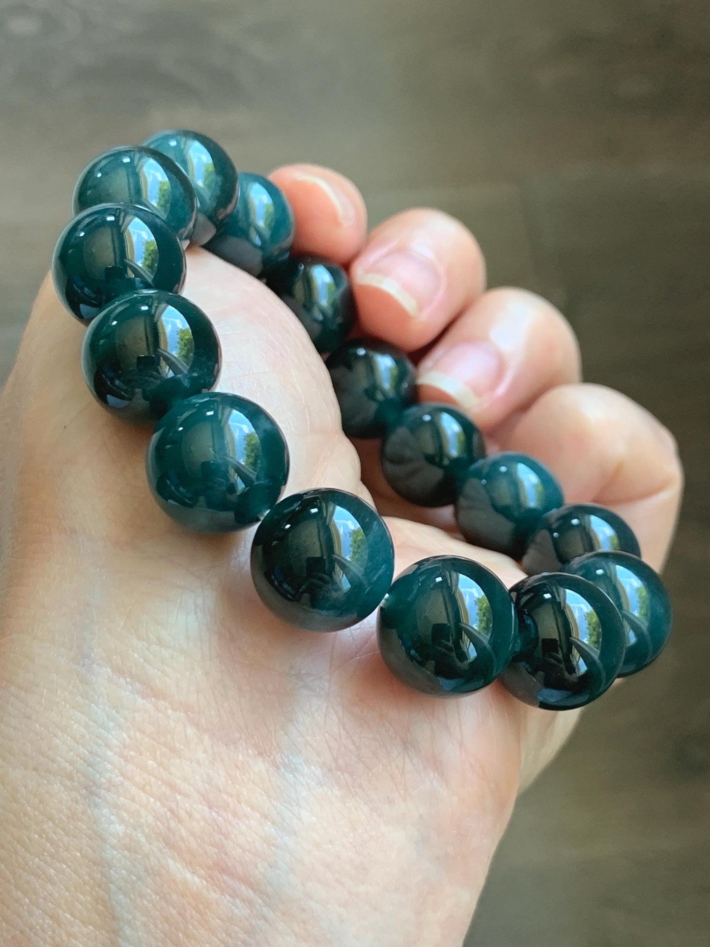 LARGE Natural Grade A Guatemalan Icy Translucent Dark Teal Green Jade Jadeite Beaded Bracelet 13.9mm 7.75” 70g 天然冰危深老蓝水翡翠大卡手串 WDS660A