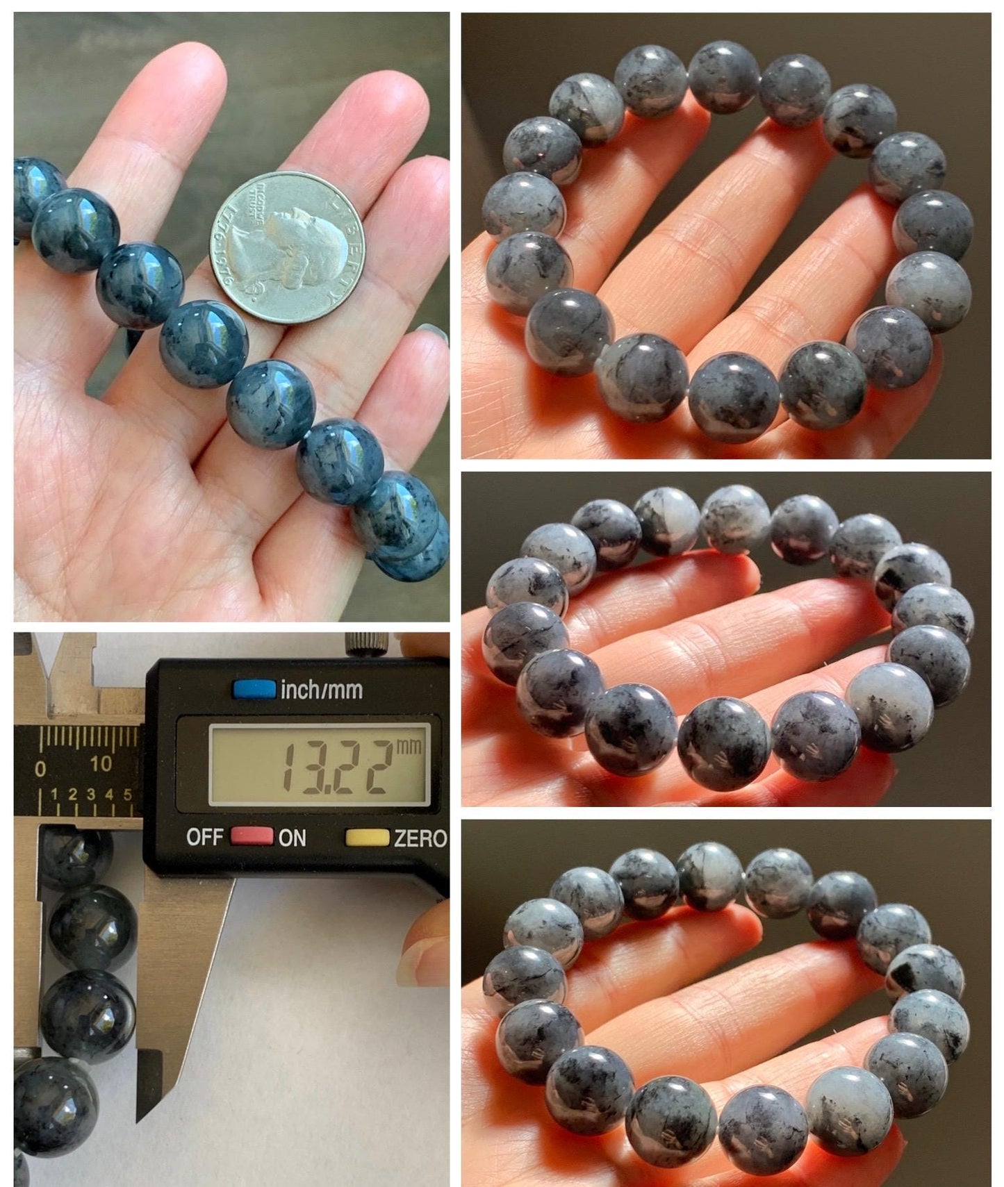 Grade A Natural Icy Translucent Dark Wuji Jade Jadeite Large Beads Beaded Bracelet 13mm 7.75" 63g 天然大卡冰乌鸡翡翠手串 MDW440
