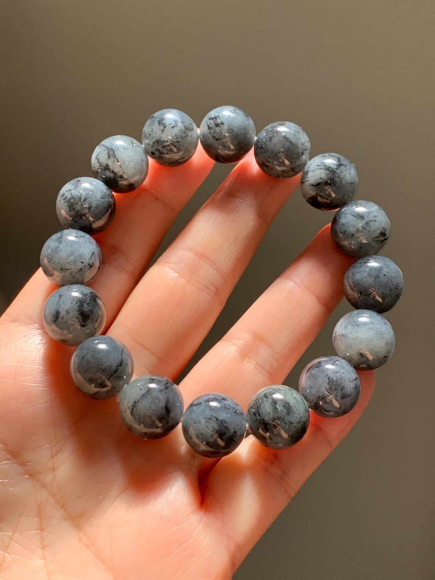 Grade A Natural Icy Translucent Dark Wuji Jade Jadeite Large Beads Beaded Bracelet 13mm 7.75" 63g 天然大卡冰乌鸡翡翠手串 MDW440