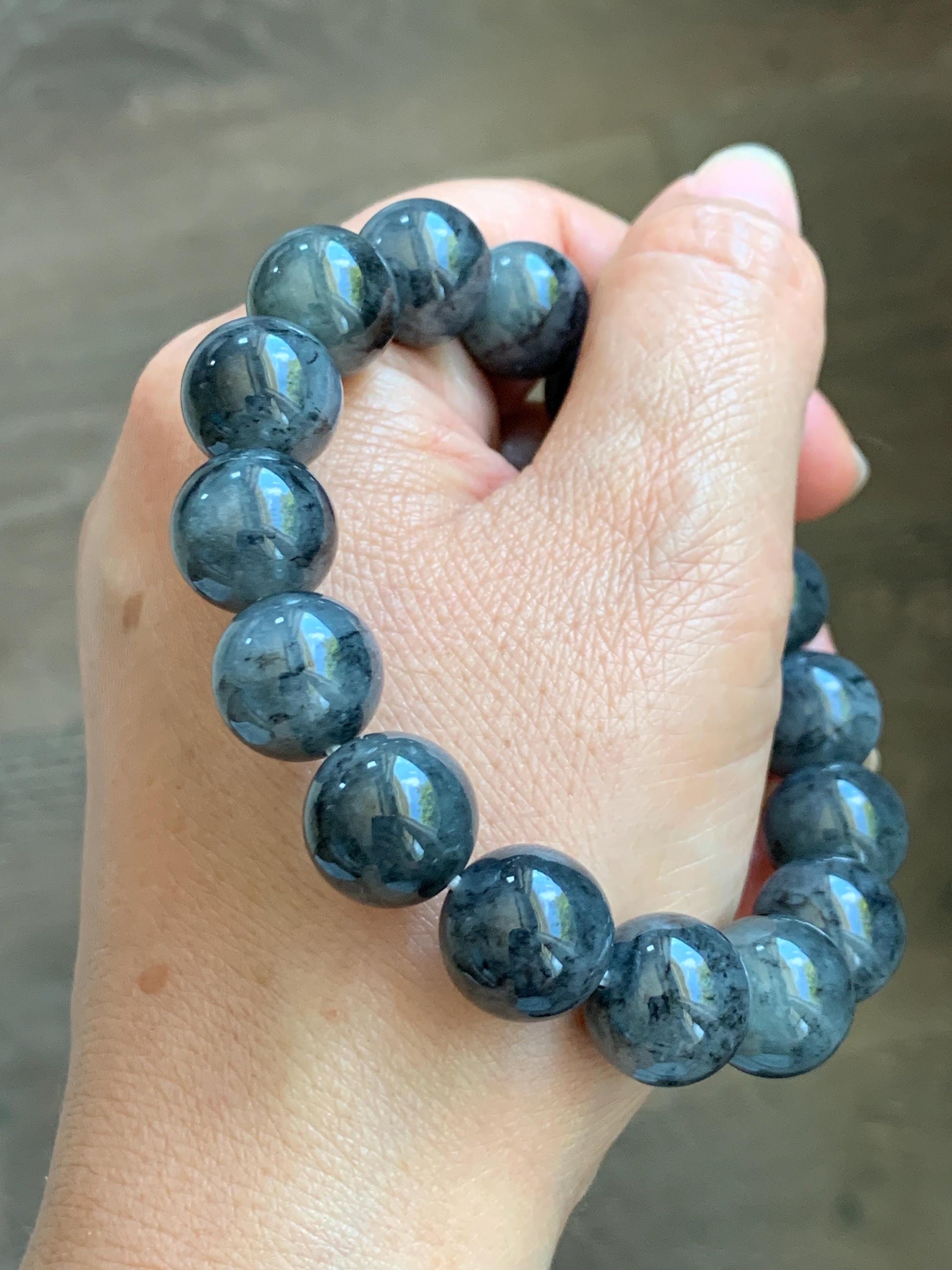 Grade A Natural Icy Translucent Dark Wuji Jade Jadeite Large Beads Beaded Bracelet 13mm 7.75" 63g 天然大卡冰乌鸡翡翠手串 MDW440