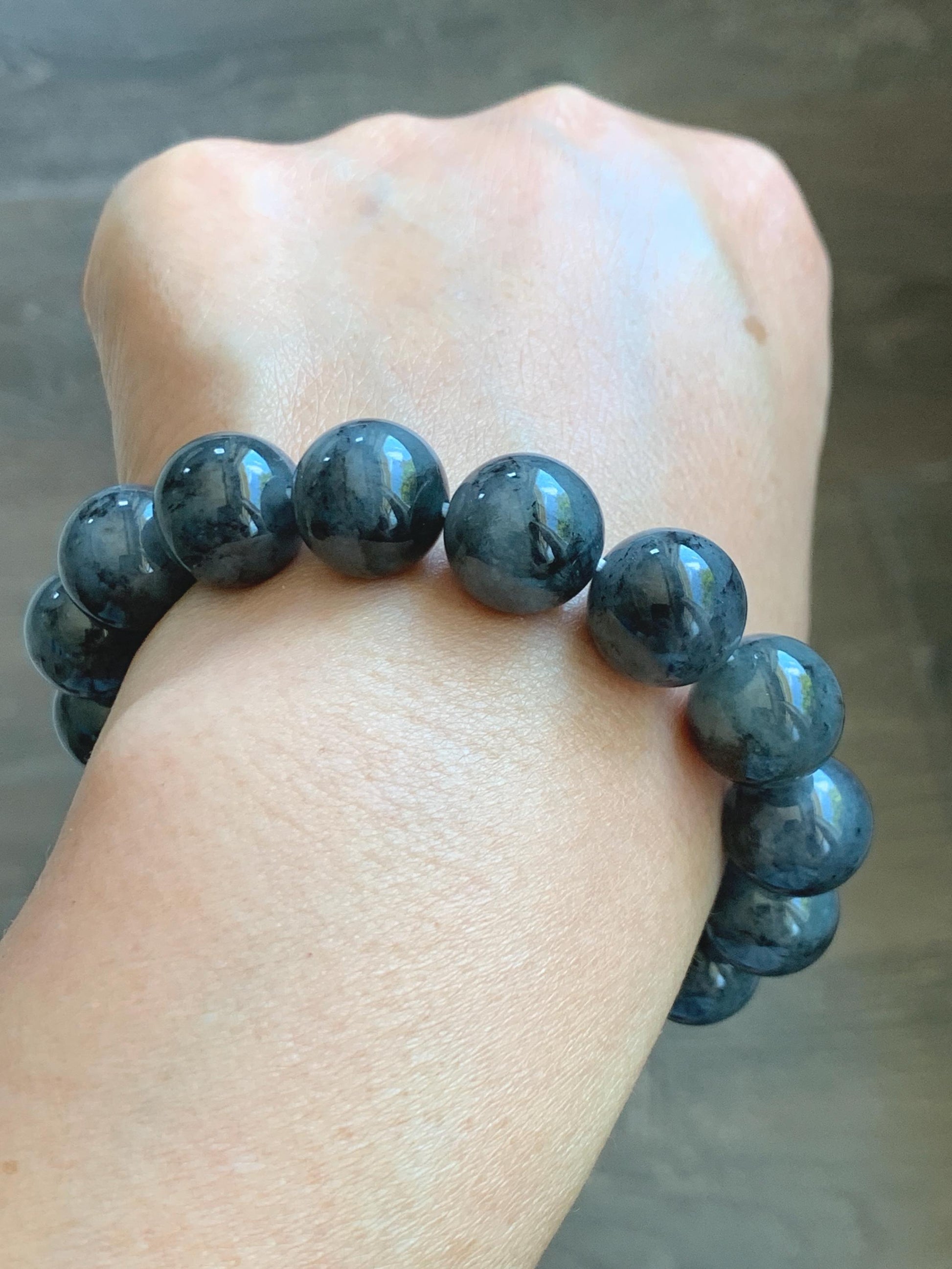 Grade A Natural Icy Translucent Dark Wuji Jade Jadeite Large Beads Beaded Bracelet 13mm 7.75" 63g 天然大卡冰乌鸡翡翠手串 MDW440