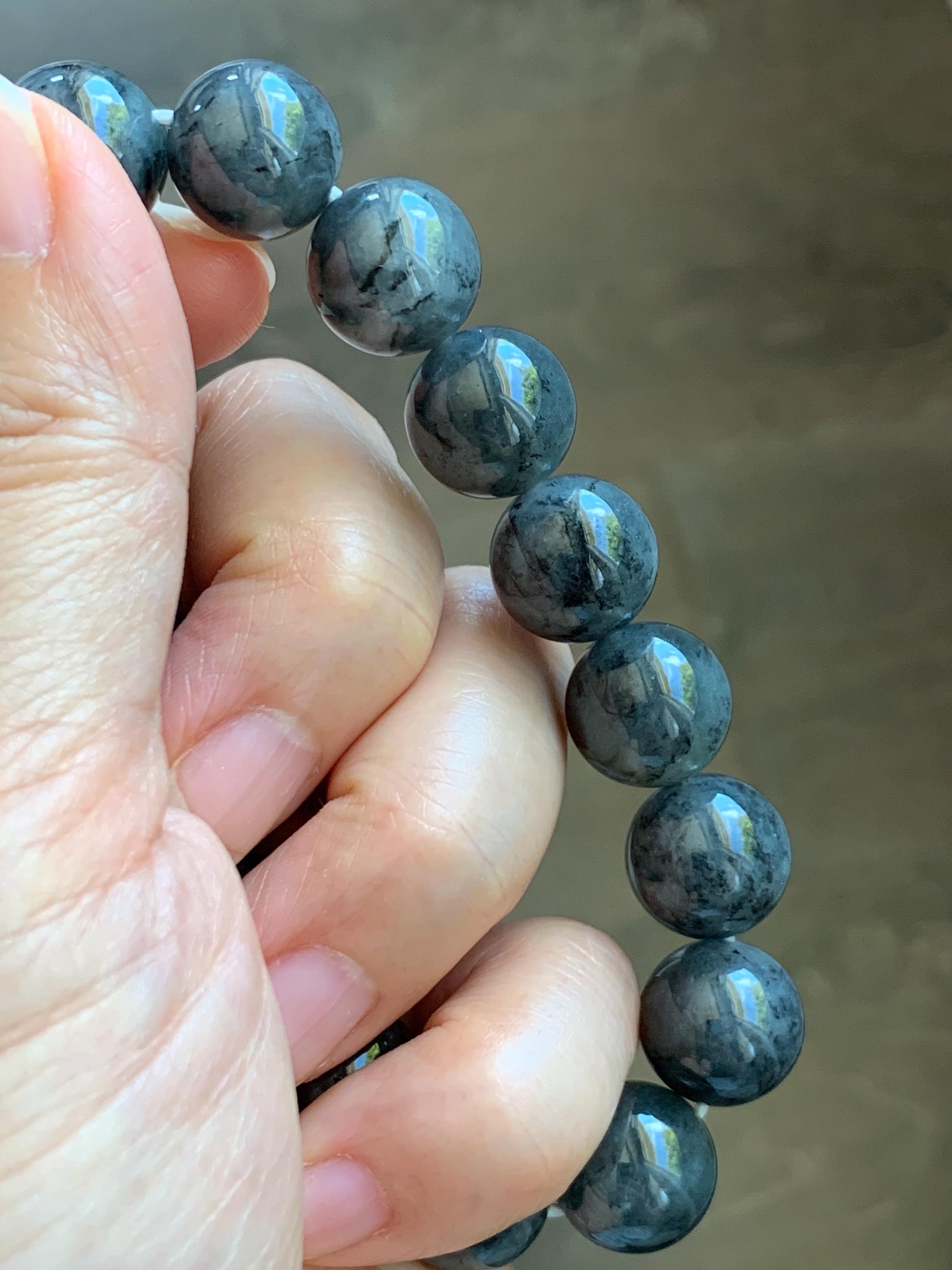 Grade A Natural Icy Translucent Dark Wuji Jade Jadeite Large Beads Beaded Bracelet 13mm 7.75" 63g 天然大卡冰乌鸡翡翠手串 MDW440