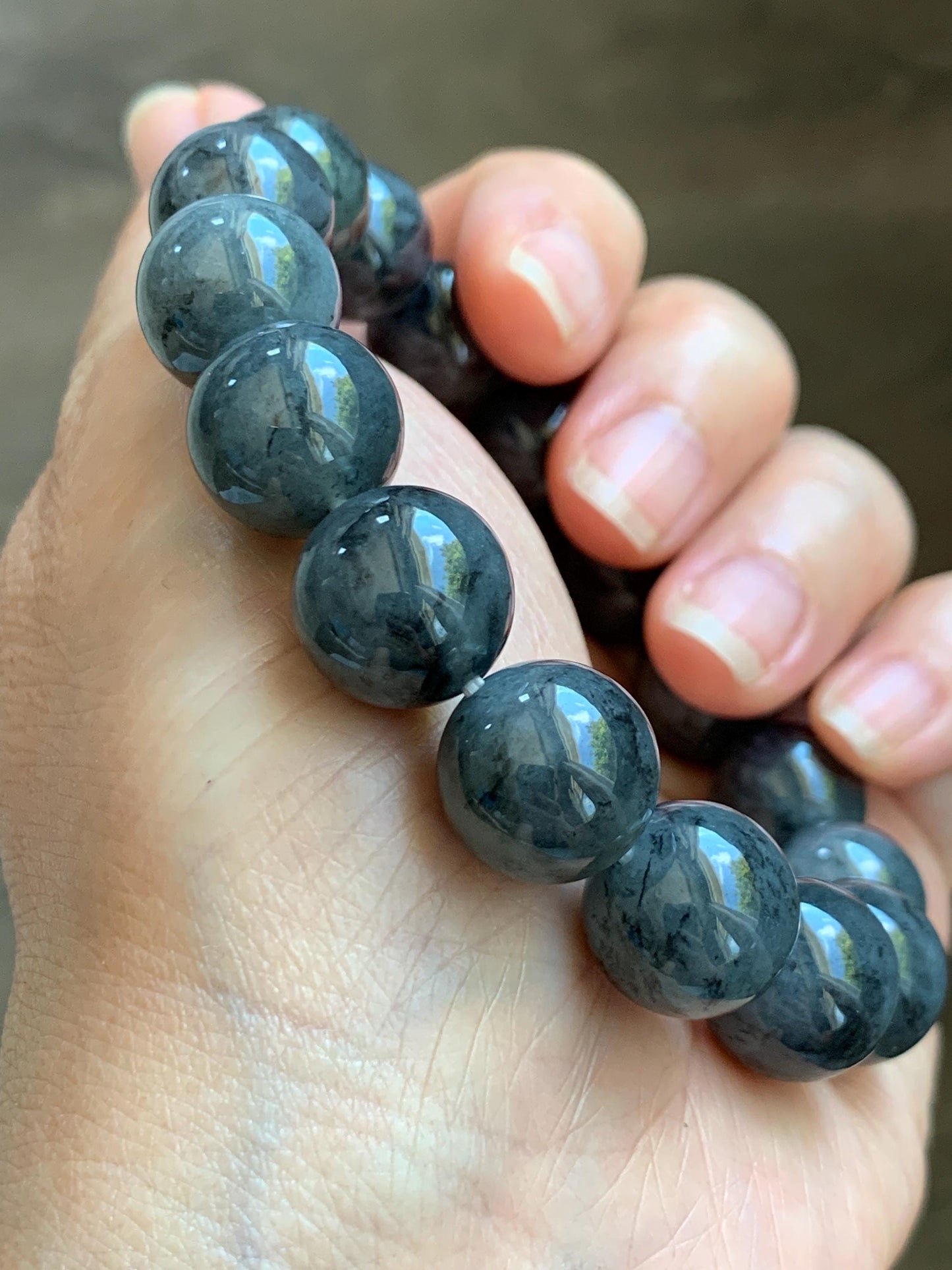 Grade A Natural Icy Translucent Dark Wuji Jade Jadeite Large Beads Beaded Bracelet 13mm 7.75" 63g 天然大卡冰乌鸡翡翠手串 MDW440