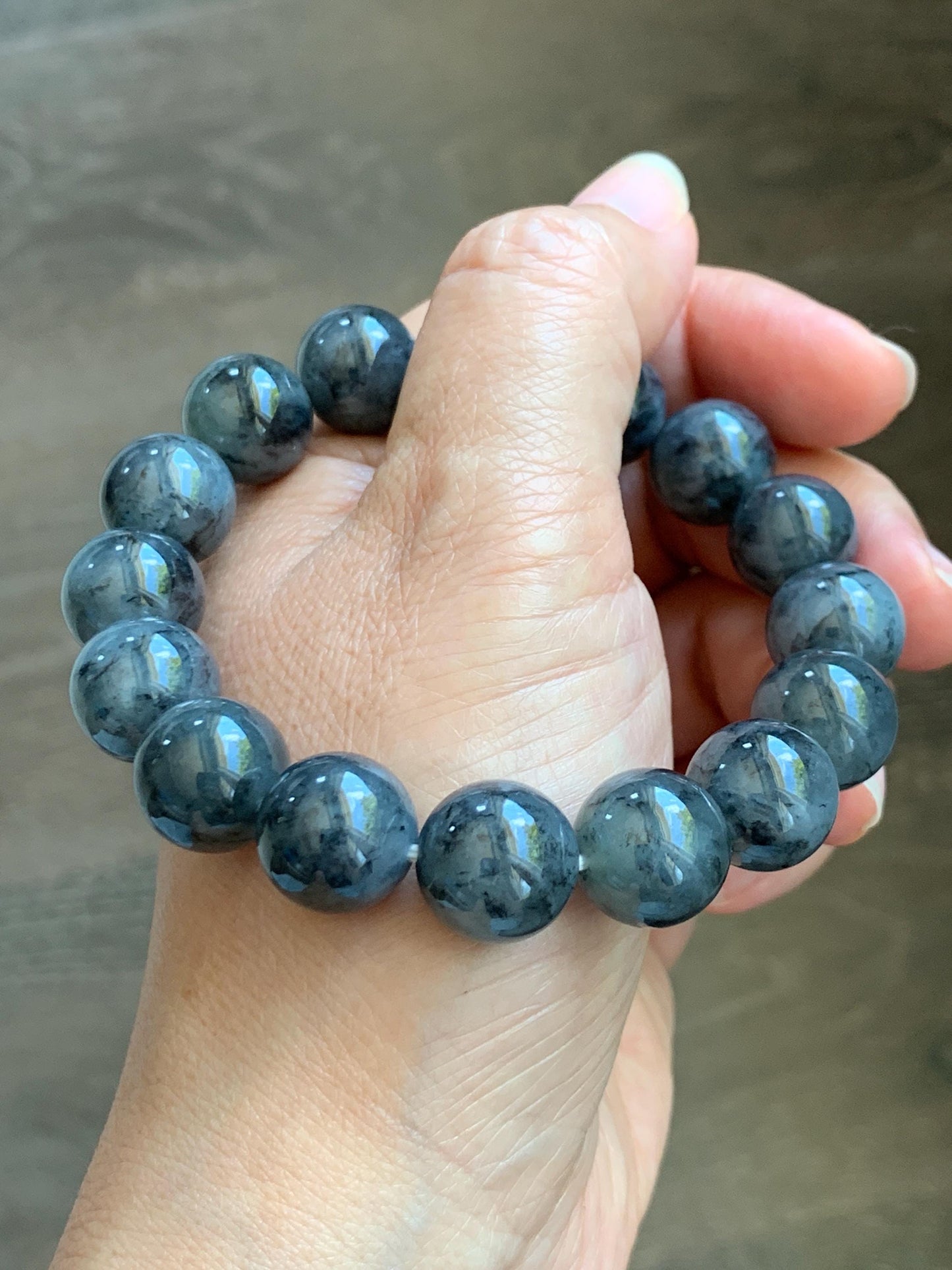 Grade A Natural Icy Translucent Dark Wuji Jade Jadeite Large Beads Beaded Bracelet 13mm 7.75" 63g 天然大卡冰乌鸡翡翠手串 MDW440