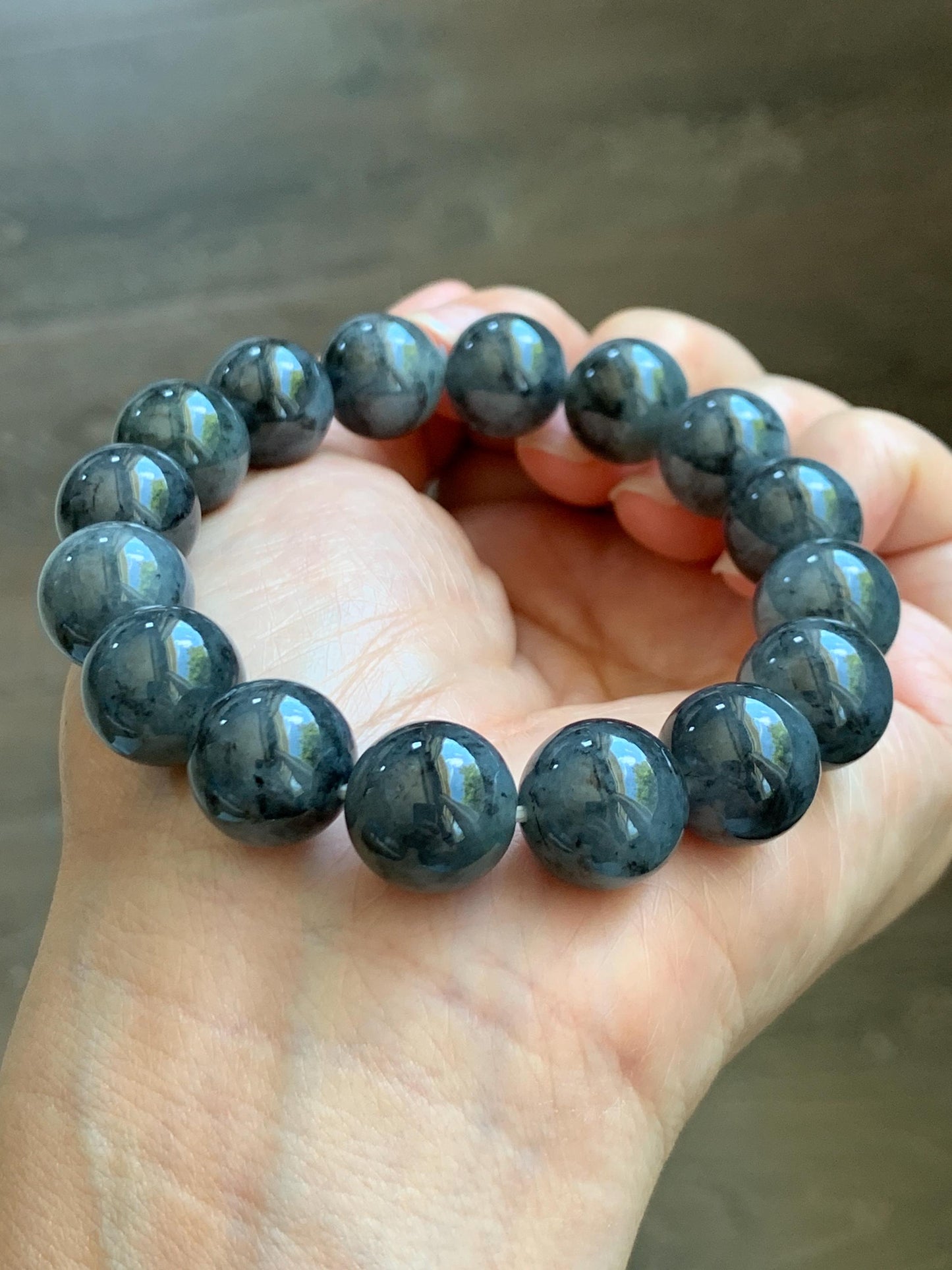 Grade A Natural Icy Translucent Dark Wuji Jade Jadeite Large Beads Beaded Bracelet 13mm 7.75" 63g 天然大卡冰乌鸡翡翠手串 MDW440