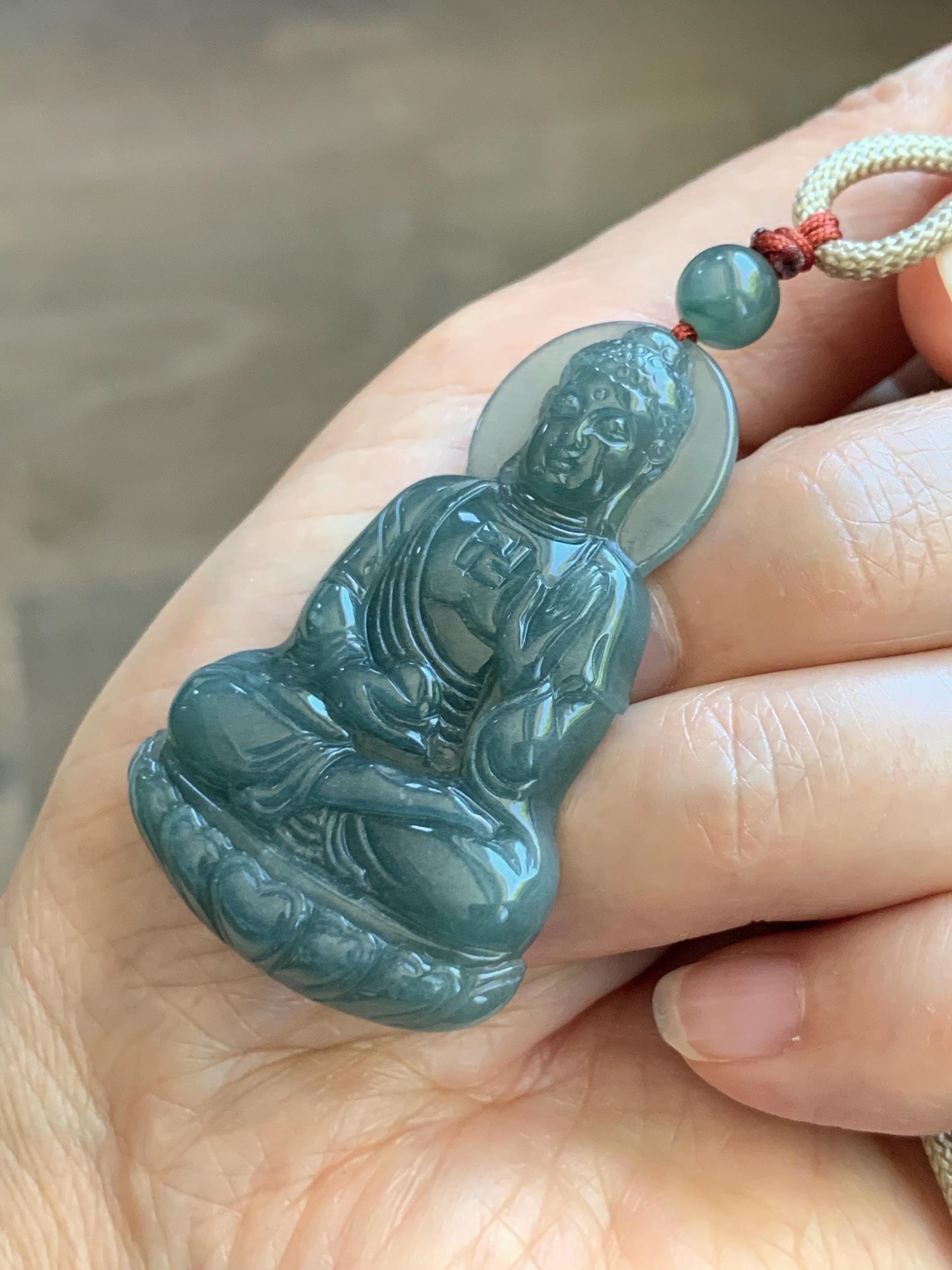 Natural Grade A Guatemalan Icy Dusty Teal Blue Jade Jadeite Shakyamuni Buddha Ru Lai Pendant Rope Necklace 24.5" 16g 天然冰危蓝翡翠釋迦牟尼如来佛吊坠 WRL77