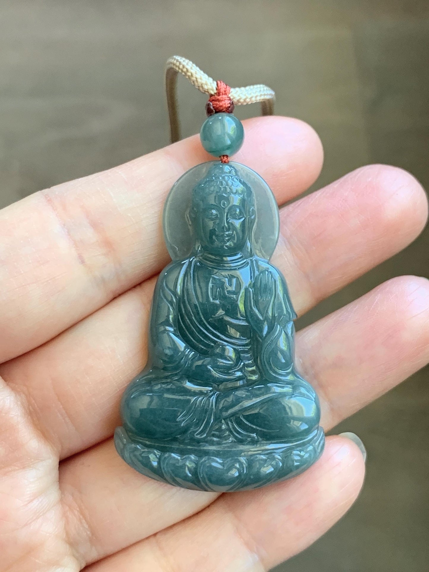 Natural Grade A Guatemalan Icy Dusty Teal Blue Jade Jadeite Shakyamuni Buddha Ru Lai Pendant Rope Necklace 24.5" 16g 天然冰危蓝翡翠釋迦牟尼如来佛吊坠 WRL77