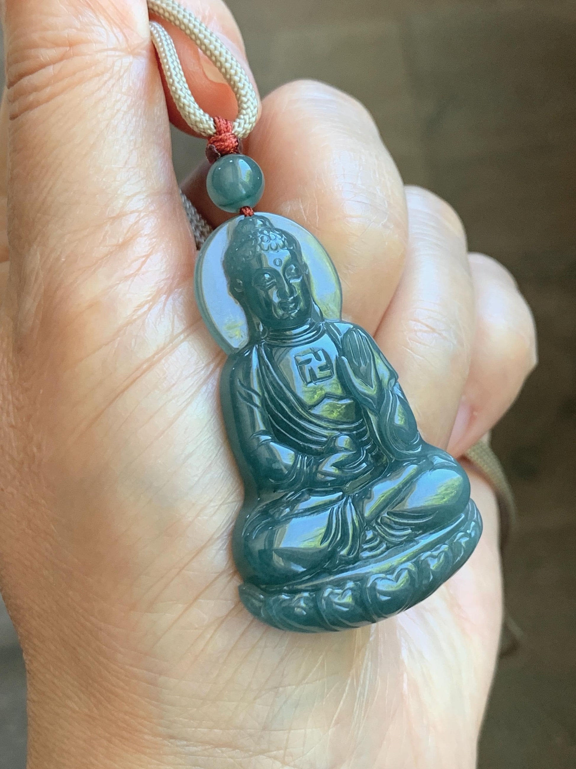 Natural Grade A Guatemalan Icy Dusty Teal Blue Jade Jadeite Shakyamuni Buddha Ru Lai Pendant Rope Necklace 24.5" 16g 天然冰危蓝翡翠釋迦牟尼如来佛吊坠 WRL77