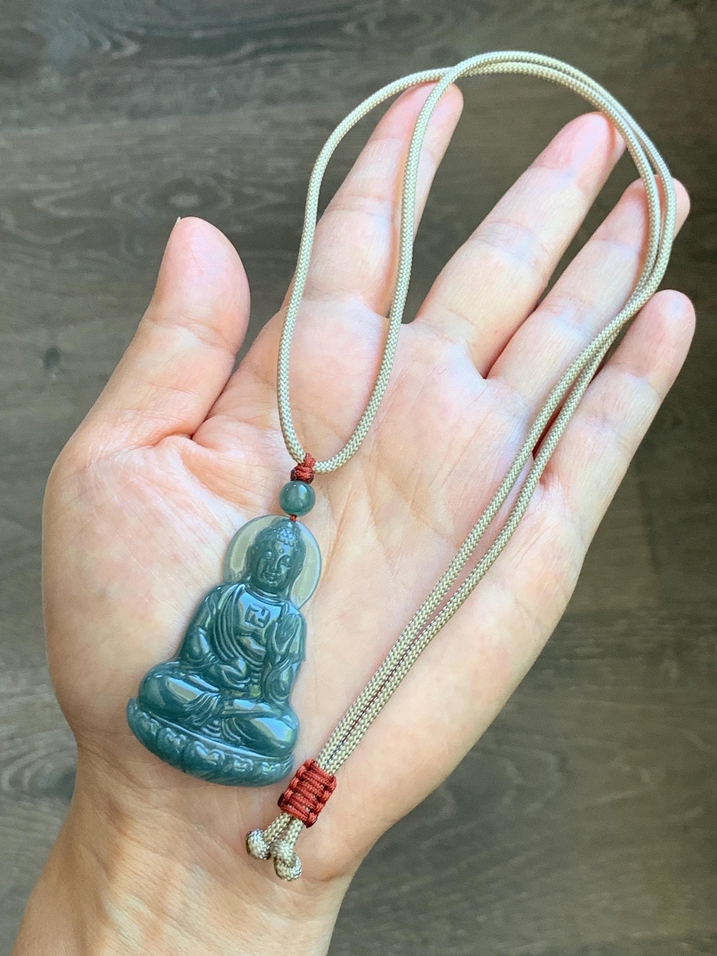 Natural Grade A Guatemalan Icy Dusty Teal Blue Jade Jadeite Shakyamuni Buddha Ru Lai Pendant Rope Necklace 24.5" 16g 天然冰危蓝翡翠釋迦牟尼如来佛吊坠 WRL77