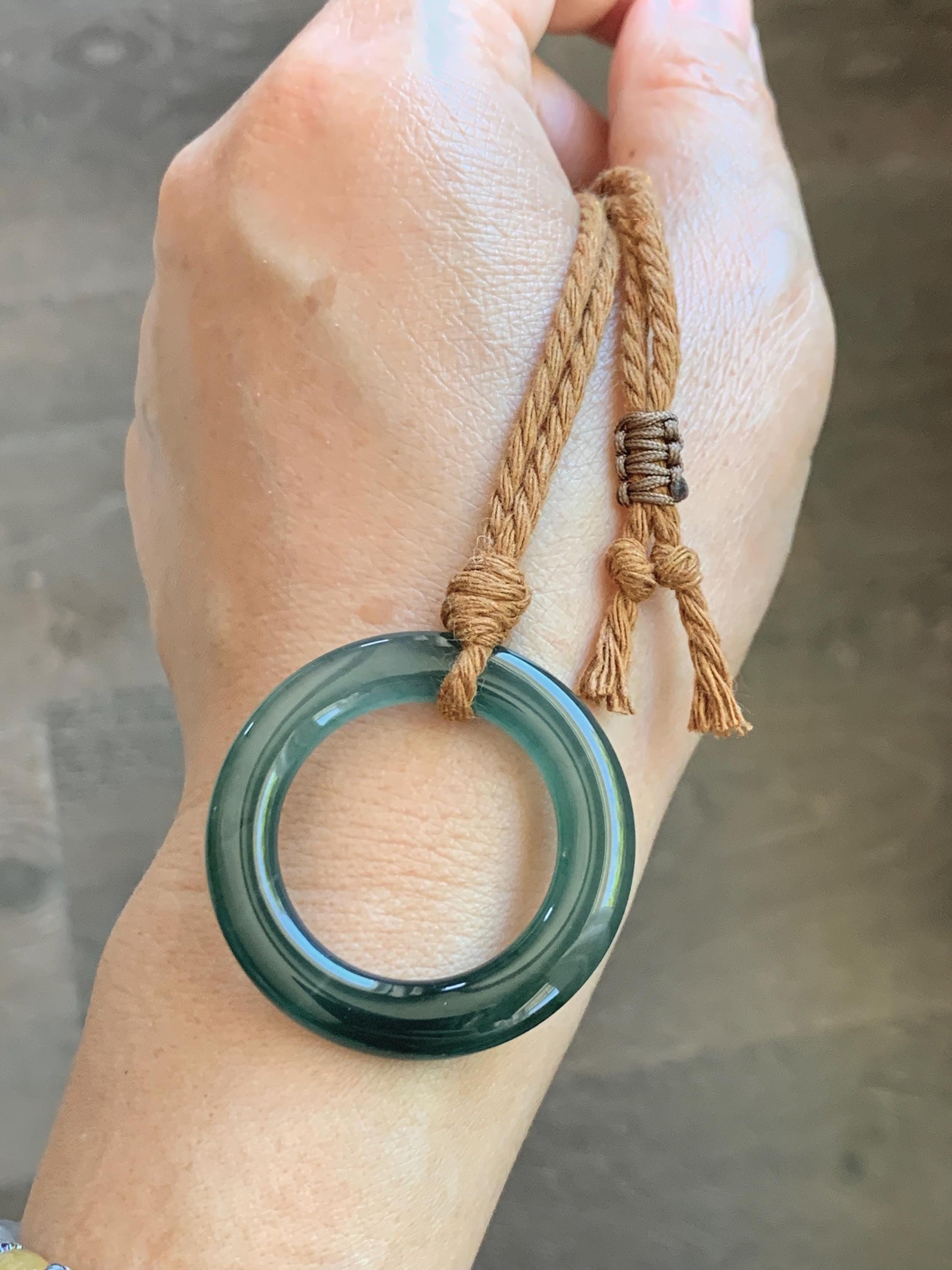 Natural Grade A Guatemalan Icy Translucent Dark Teal Green Jade Jadeite Ping An Kou Ring Pendant Rope Necklace 26” 11g 天然冰胶危深蓝绿翡翠平安圈吊坠WTQ165