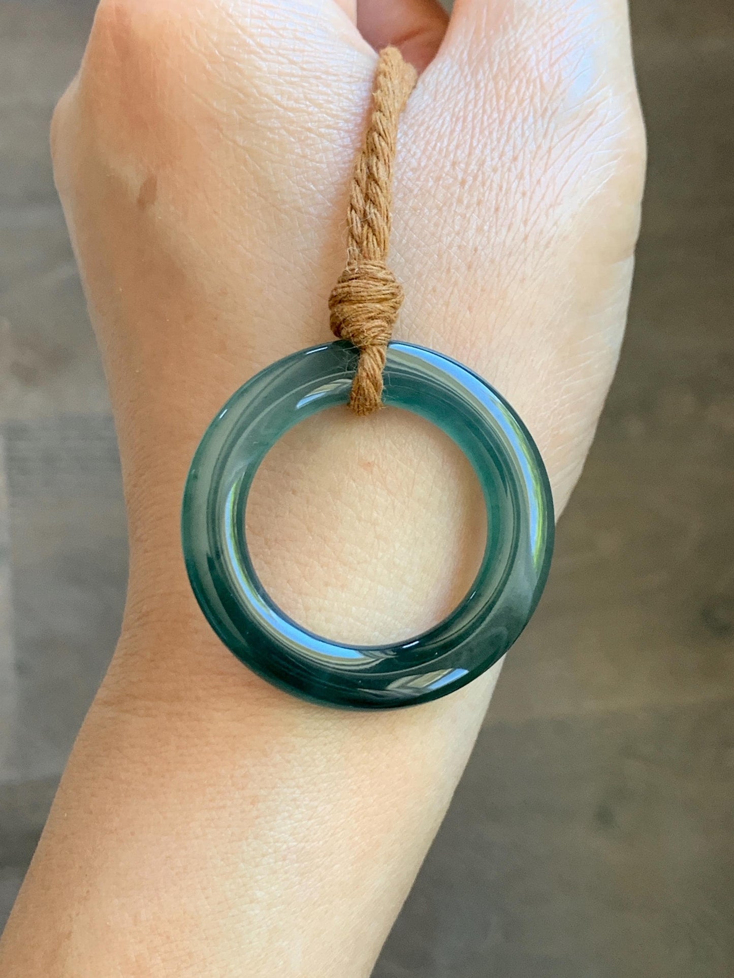 Natural Grade A Guatemalan Icy Translucent Dark Teal Green Jade Jadeite Ping An Kou Ring Pendant Rope Necklace 26” 11g 天然冰胶危深蓝绿翡翠平安圈吊坠WTQ165
