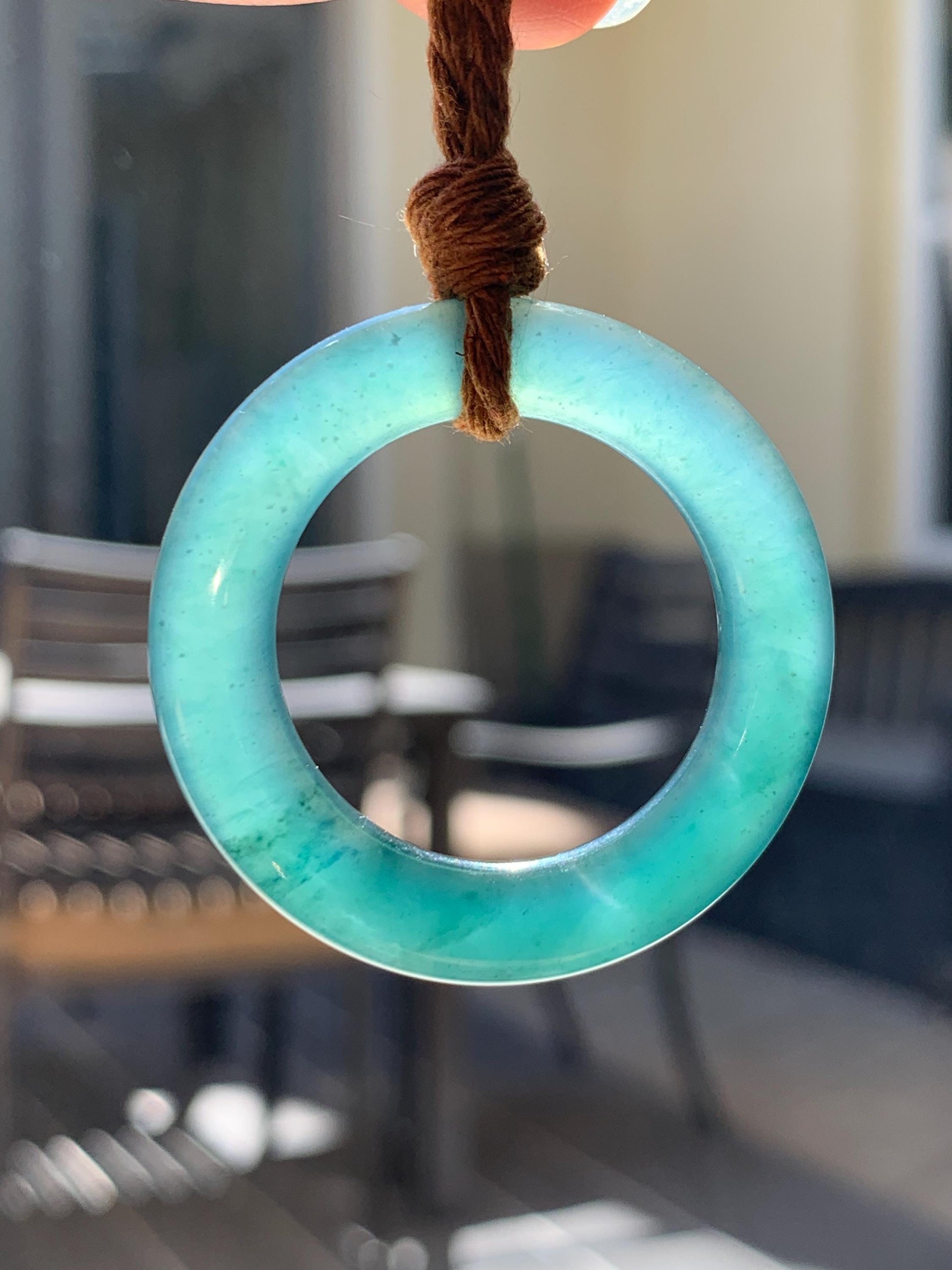 Natural Grade A Guatemalan Icy Translucent Dark Teal Green Jade Jadeite Ping An Kou Ring Pendant Rope Necklace 26” 11g 天然冰胶危深蓝绿翡翠平安圈吊坠WTQ165