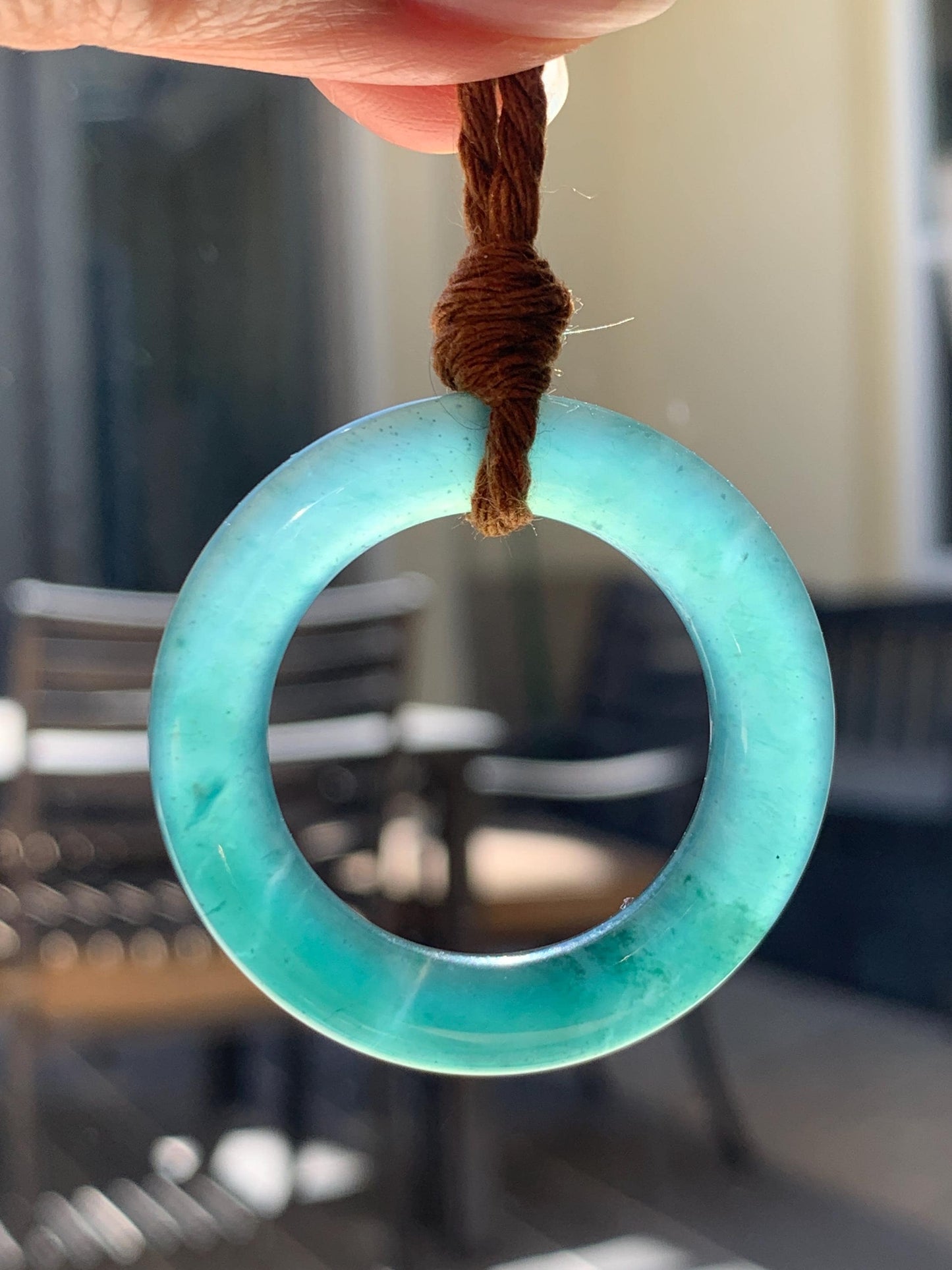 Natural Grade A Guatemalan Icy Translucent Dark Teal Green Jade Jadeite Ping An Kou Ring Pendant Rope Necklace 26” 11g 天然冰胶危深蓝绿翡翠平安圈吊坠WTQ165