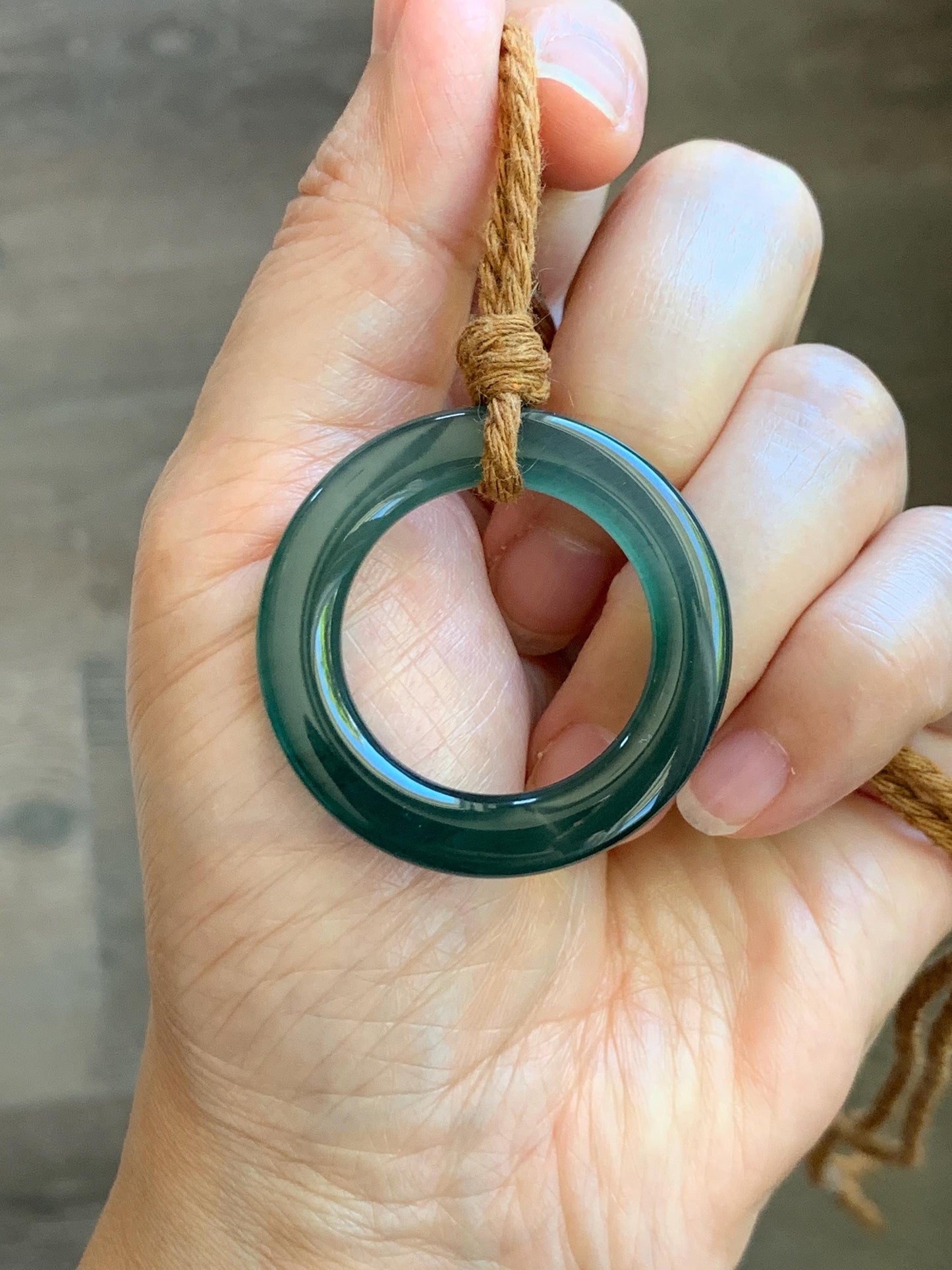 Natural Grade A Guatemalan Icy Translucent Dark Teal Green Jade Jadeite Ping An Kou Ring Pendant Rope Necklace 26” 11g 天然冰胶危深蓝绿翡翠平安圈吊坠WTQ165