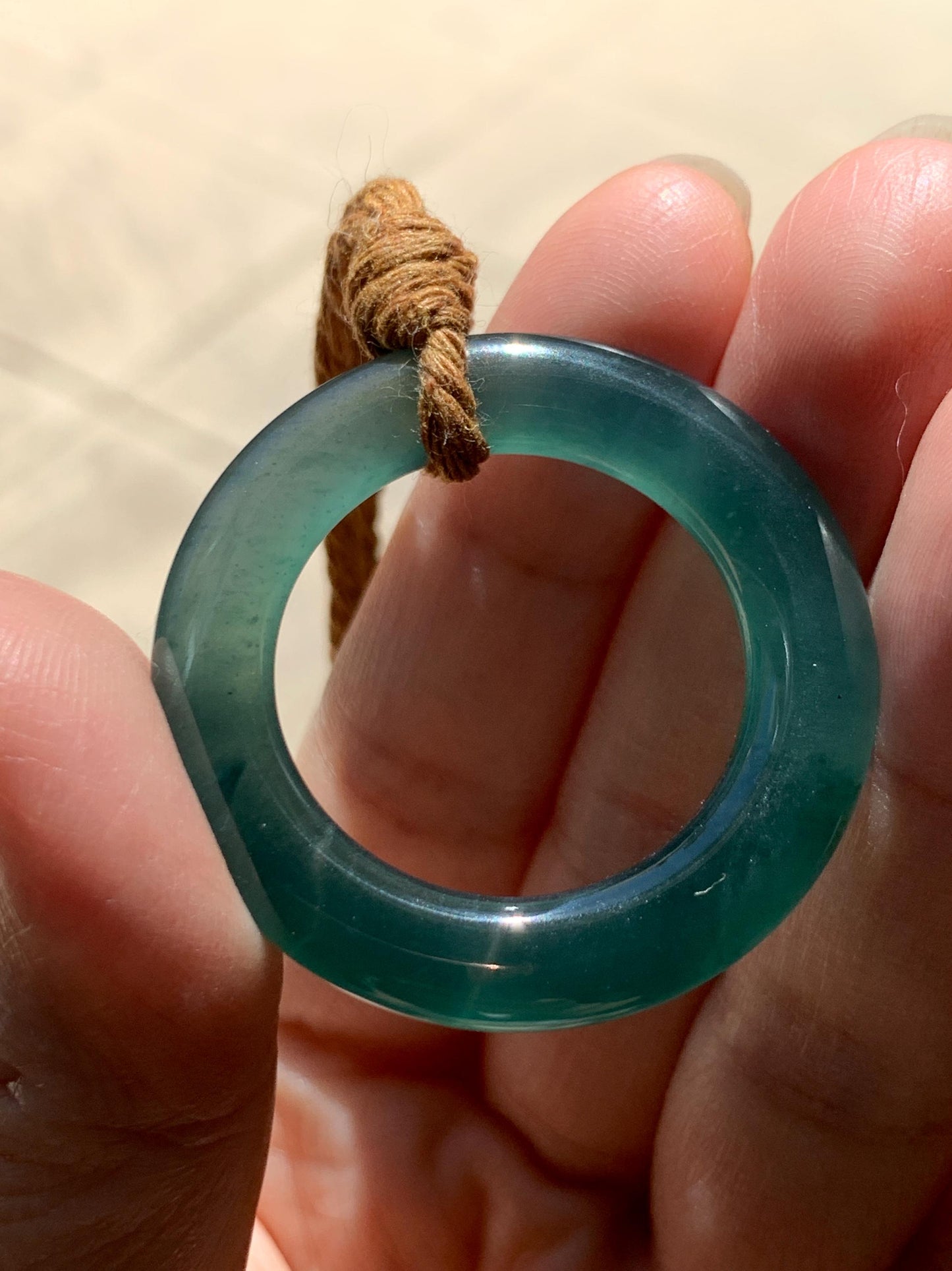 Natural Grade A Guatemalan Icy Translucent Dark Teal Green Jade Jadeite Ping An Kou Ring Pendant Rope Necklace 26” 11g 天然冰胶危深蓝绿翡翠平安圈吊坠WTQ165