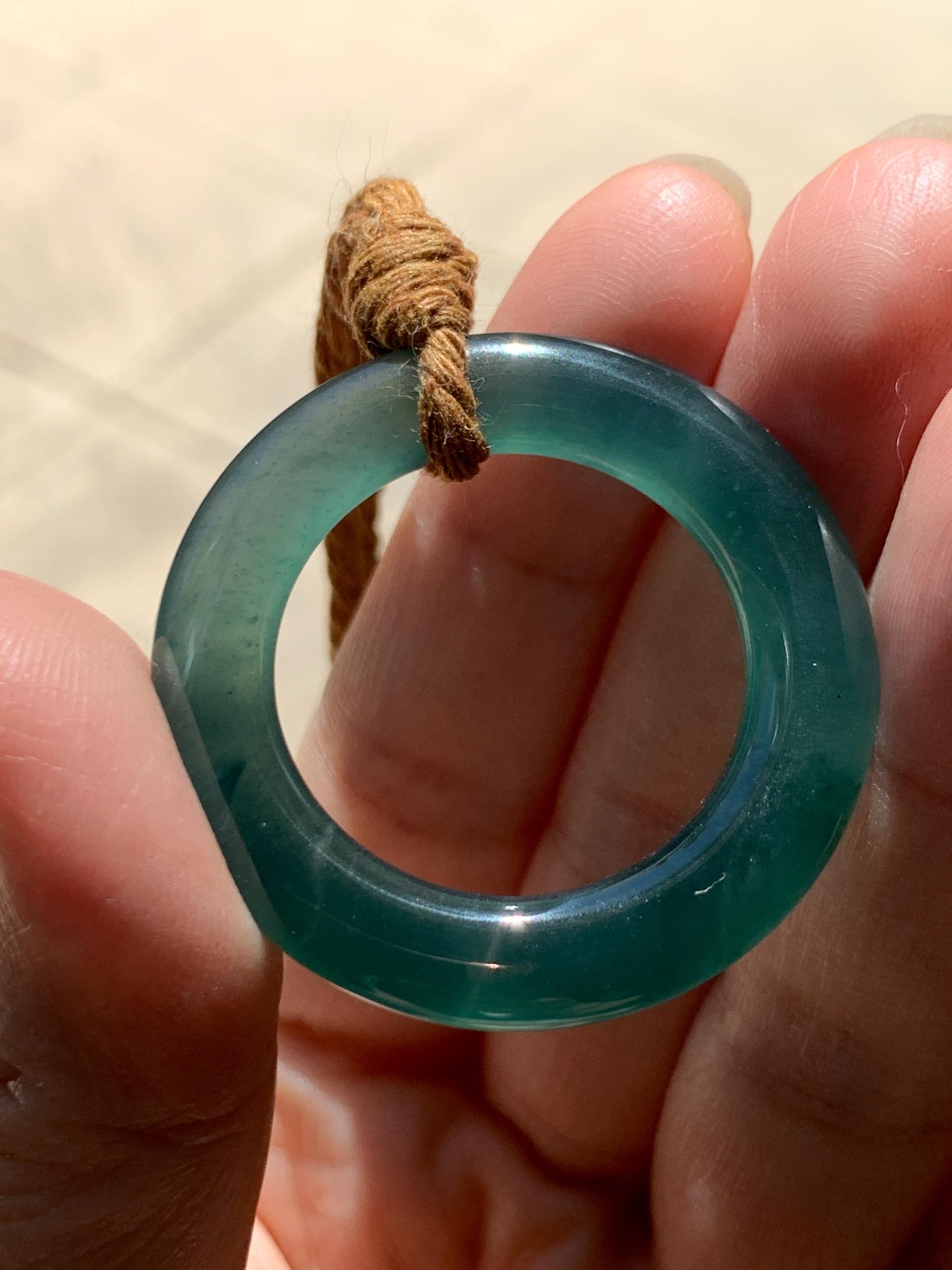Natural Grade A Guatemalan Icy Translucent Dark Teal Green Jade Jadeite Ping An Kou Ring Pendant Rope Necklace 26” 11g 天然冰胶危深蓝绿翡翠平安圈吊坠WTQ165