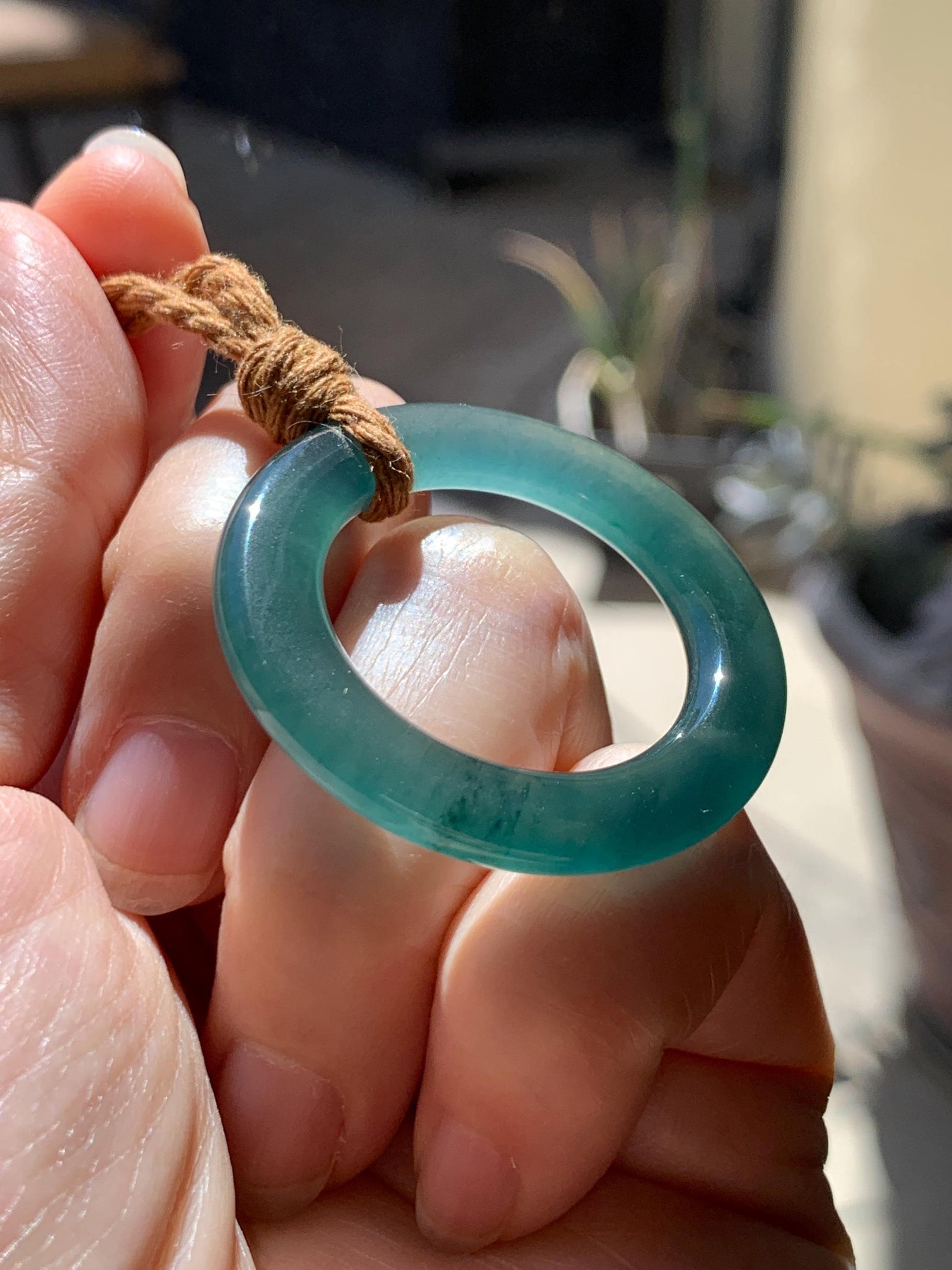 Natural Grade A Guatemalan Icy Translucent Dark Teal Green Jade Jadeite Ping An Kou Ring Pendant Rope Necklace 26” 11g 天然冰胶危深蓝绿翡翠平安圈吊坠WTQ165