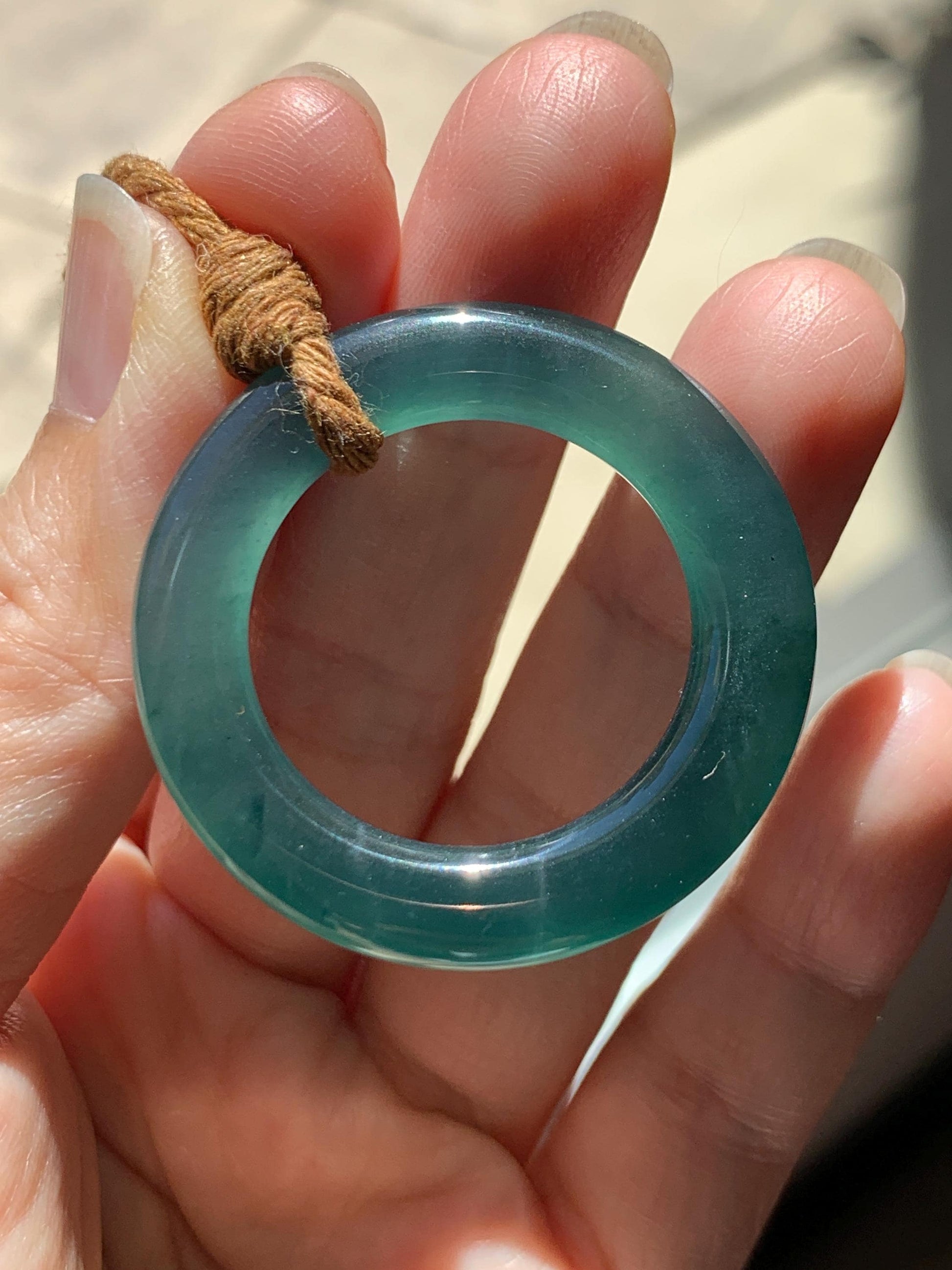 Natural Grade A Guatemalan Icy Translucent Dark Teal Green Jade Jadeite Ping An Kou Ring Pendant Rope Necklace 26” 11g 天然冰胶危深蓝绿翡翠平安圈吊坠WTQ165