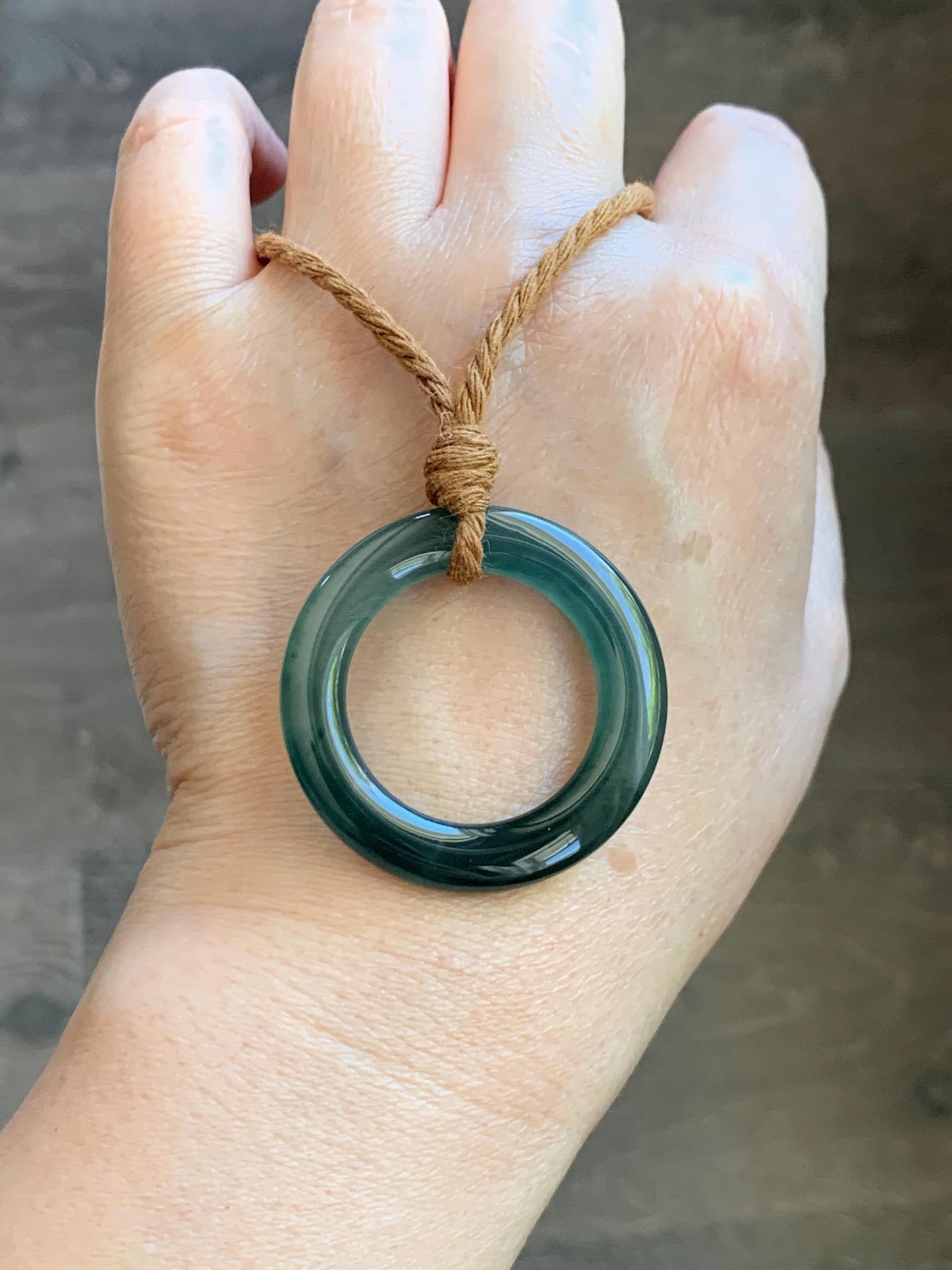 Natural Grade A Guatemalan Icy Translucent Dark Teal Green Jade Jadeite Ping An Kou Ring Pendant Rope Necklace 26” 11g 天然冰胶危深蓝绿翡翠平安圈吊坠WTQ165
