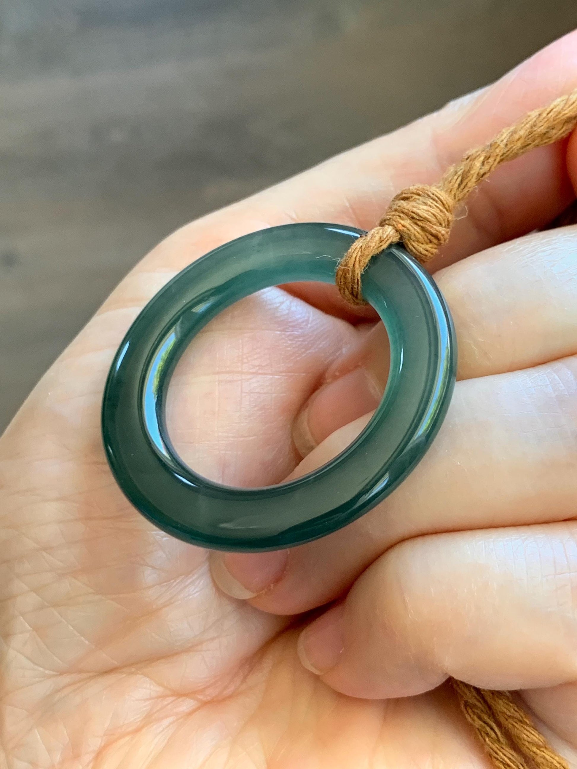 Natural Grade A Guatemalan Icy Translucent Dark Teal Green Jade Jadeite Ping An Kou Ring Pendant Rope Necklace 26” 11g 天然冰胶危深蓝绿翡翠平安圈吊坠WTQ165