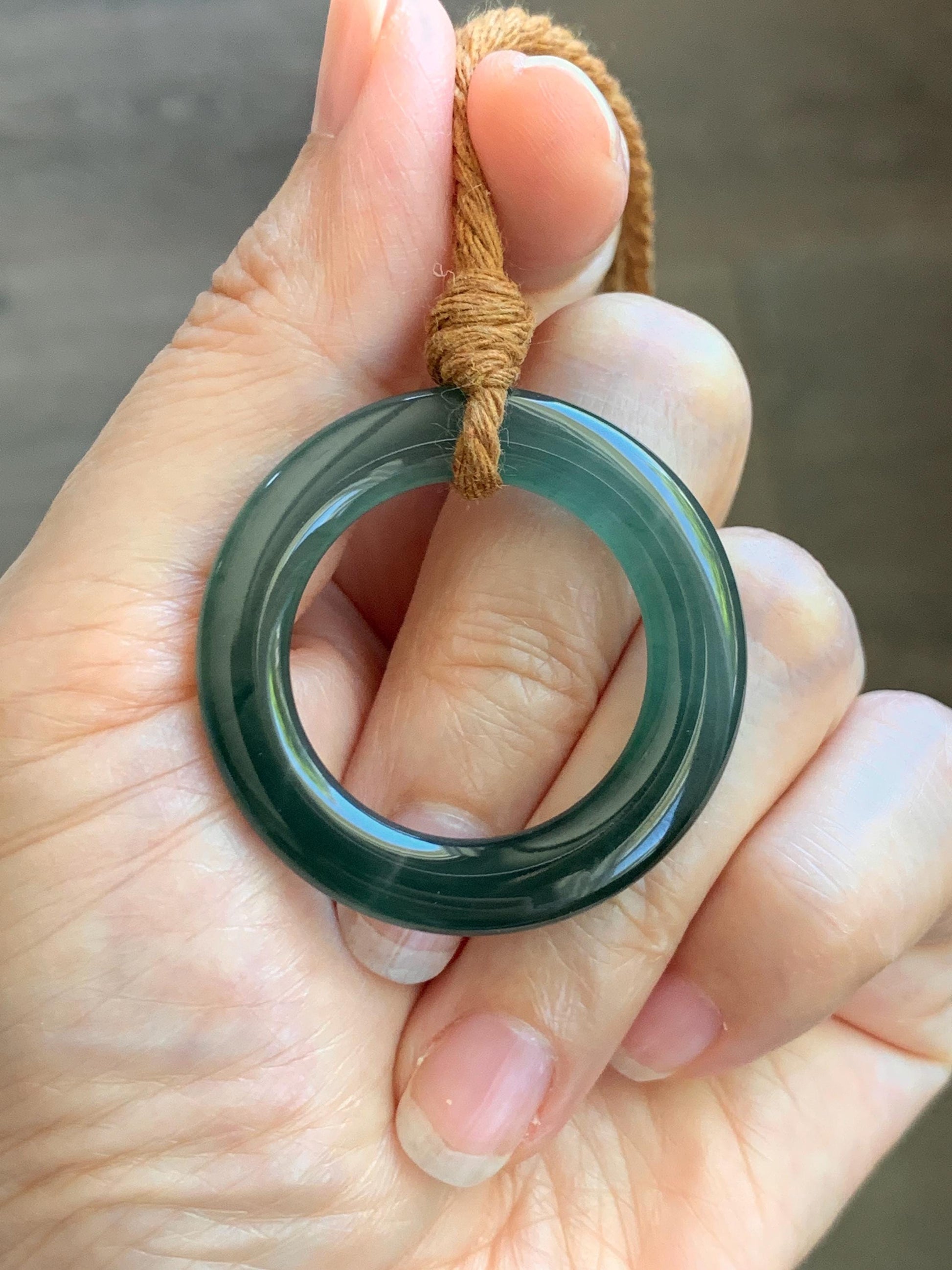 Natural Grade A Guatemalan Icy Translucent Dark Teal Green Jade Jadeite Ping An Kou Ring Pendant Rope Necklace 26” 11g 天然冰胶危深蓝绿翡翠平安圈吊坠WTQ165