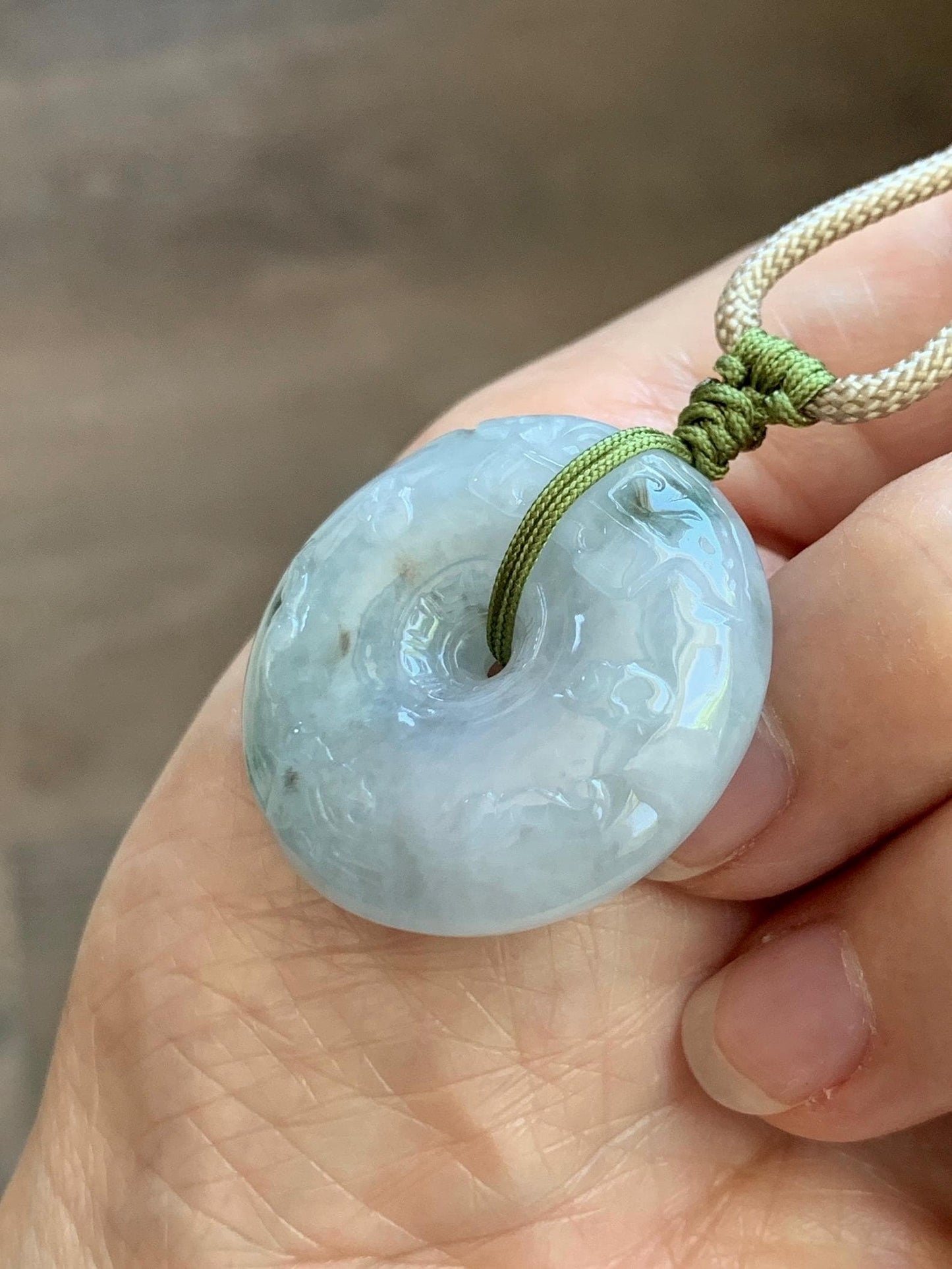 Natural Grade A Icy Translucent Dusty Blue Marbled Jade Jadeite Engraved Ping An Kou Donut Pendant Rope Necklace 24” 天然冰胶蓝底飘花翡翠仿古平安扣项链MPK198