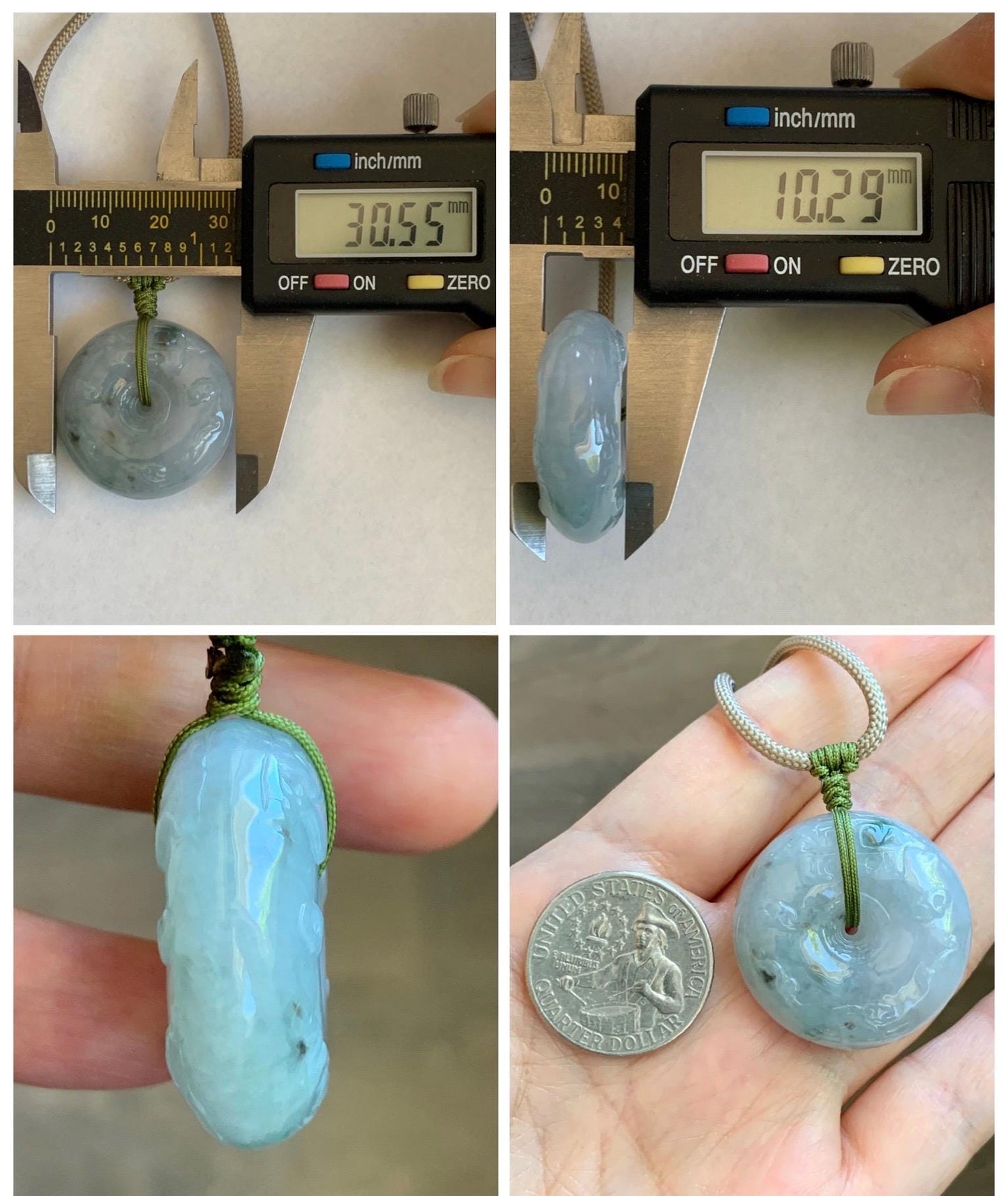Natural Grade A Icy Translucent Dusty Blue Marbled Jade Jadeite Engraved Ping An Kou Donut Pendant Rope Necklace 24” 天然冰胶蓝底飘花翡翠仿古平安扣项链MPK198