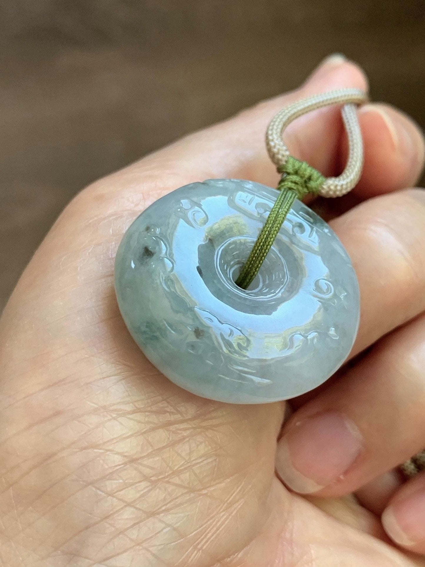 Natural Grade A Icy Translucent Dusty Blue Marbled Jade Jadeite Engraved Ping An Kou Donut Pendant Rope Necklace 24” 天然冰胶蓝底飘花翡翠仿古平安扣项链MPK198