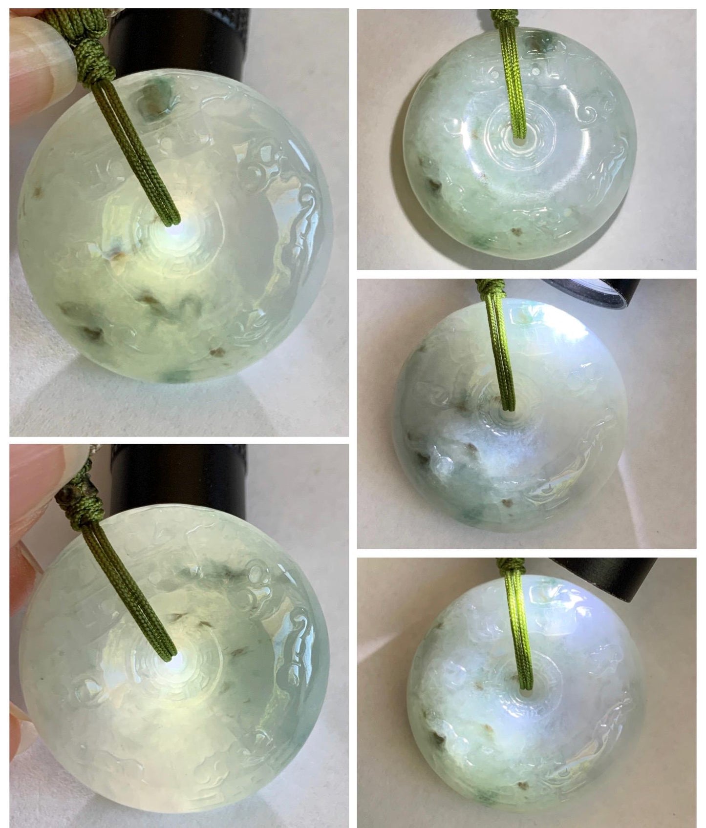 Natural Grade A Icy Translucent Dusty Blue Marbled Jade Jadeite Engraved Ping An Kou Donut Pendant Rope Necklace 24” 天然冰胶蓝底飘花翡翠仿古平安扣项链MPK198