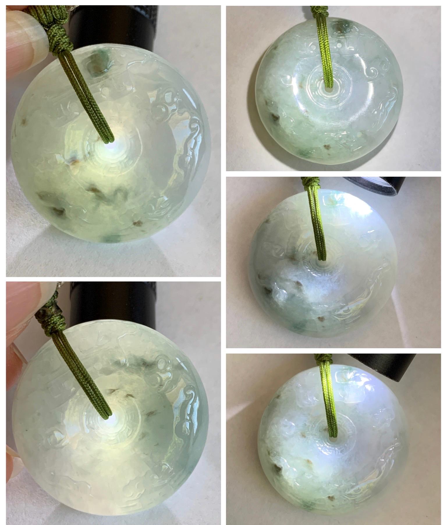 Natural Grade A Icy Translucent Dusty Blue Marbled Jade Jadeite Engraved Ping An Kou Donut Pendant Rope Necklace 24” 天然冰胶蓝底飘花翡翠仿古平安扣项链MPK198