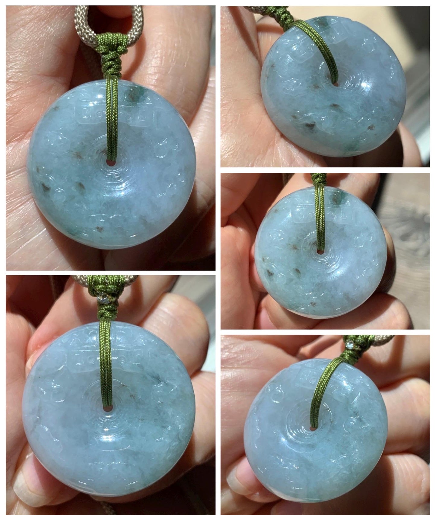 Natural Grade A Icy Translucent Dusty Blue Marbled Jade Jadeite Engraved Ping An Kou Donut Pendant Rope Necklace 24” 天然冰胶蓝底飘花翡翠仿古平安扣项链MPK198