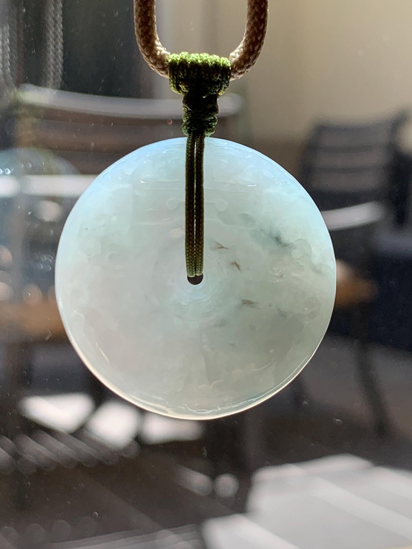 Natural Grade A Icy Translucent Dusty Blue Marbled Jade Jadeite Engraved Ping An Kou Donut Pendant Rope Necklace 24” 天然冰胶蓝底飘花翡翠仿古平安扣项链MPK198