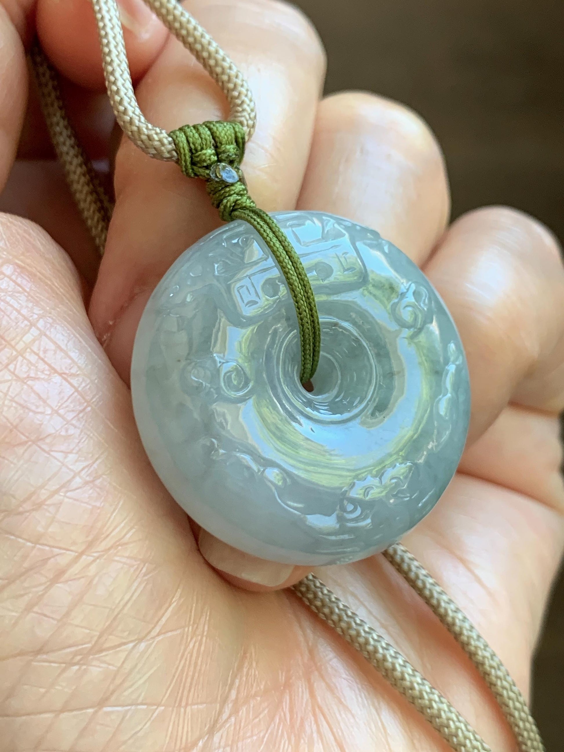 Natural Grade A Icy Translucent Dusty Blue Marbled Jade Jadeite Engraved Ping An Kou Donut Pendant Rope Necklace 24” 天然冰胶蓝底飘花翡翠仿古平安扣项链MPK198
