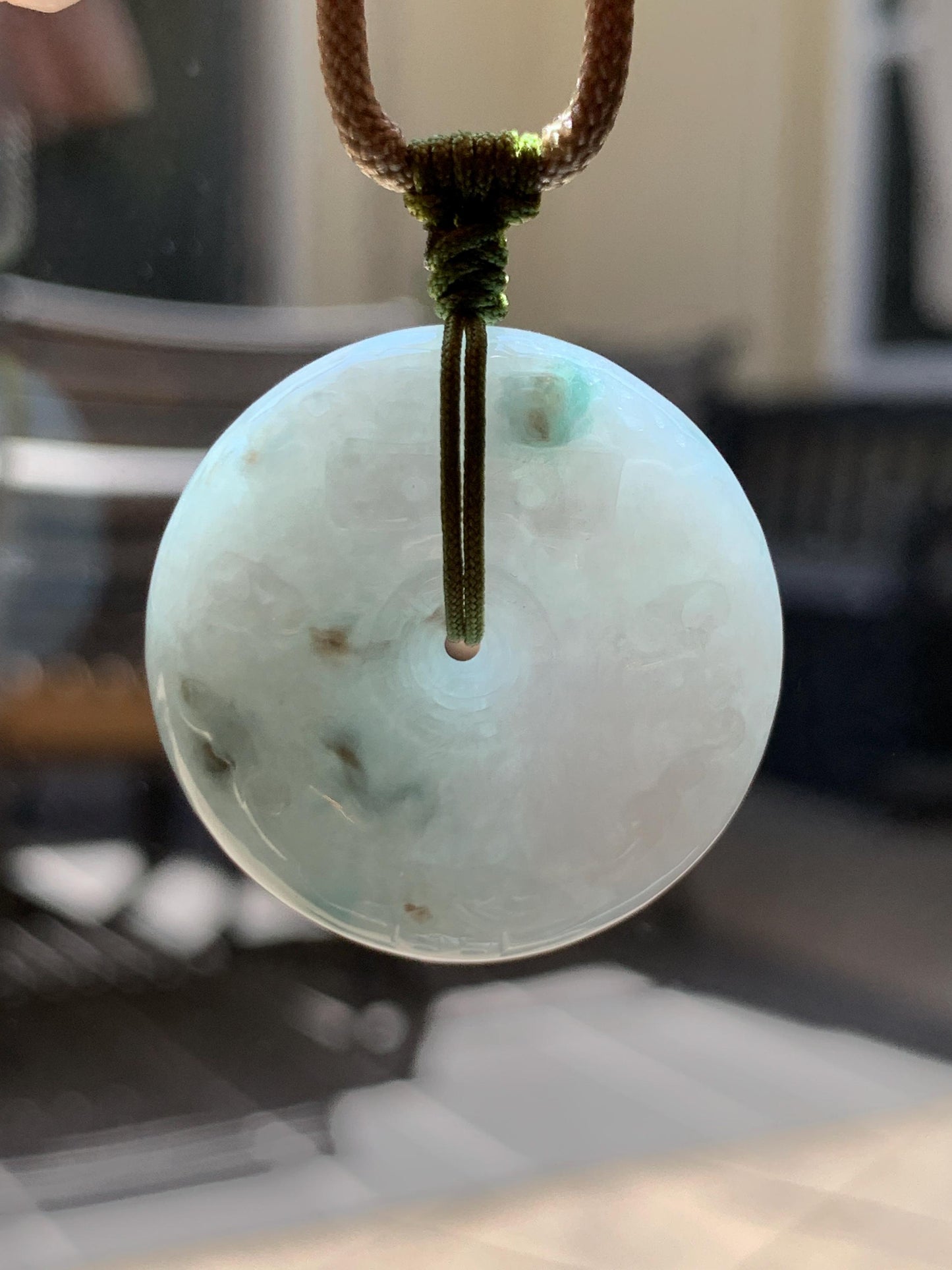 Natural Grade A Icy Translucent Dusty Blue Marbled Jade Jadeite Engraved Ping An Kou Donut Pendant Rope Necklace 24” 天然冰胶蓝底飘花翡翠仿古平安扣项链MPK198