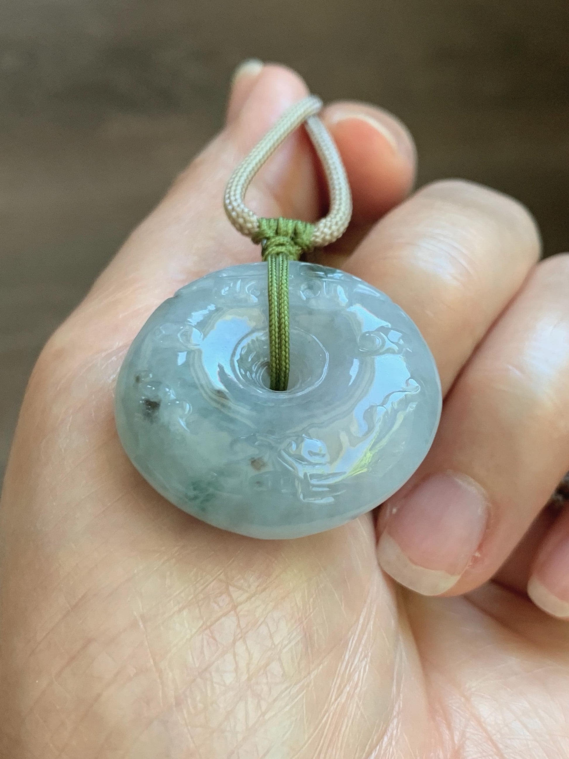 Natural Grade A Icy Translucent Dusty Blue Marbled Jade Jadeite Engraved Ping An Kou Donut Pendant Rope Necklace 24” 天然冰胶蓝底飘花翡翠仿古平安扣项链MPK198