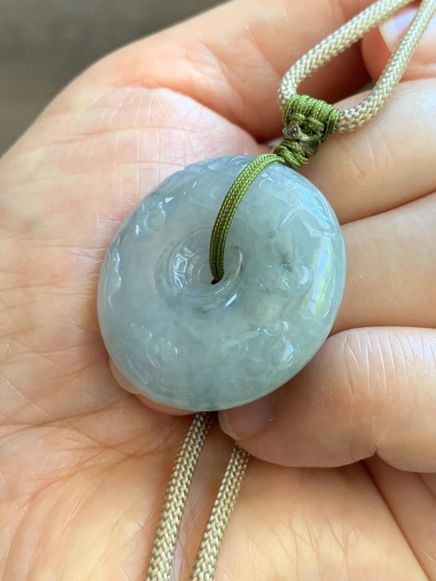 Natural Grade A Icy Translucent Dusty Blue Marbled Jade Jadeite Engraved Ping An Kou Donut Pendant Rope Necklace 24” 天然冰胶蓝底飘花翡翠仿古平安扣项链MPK198