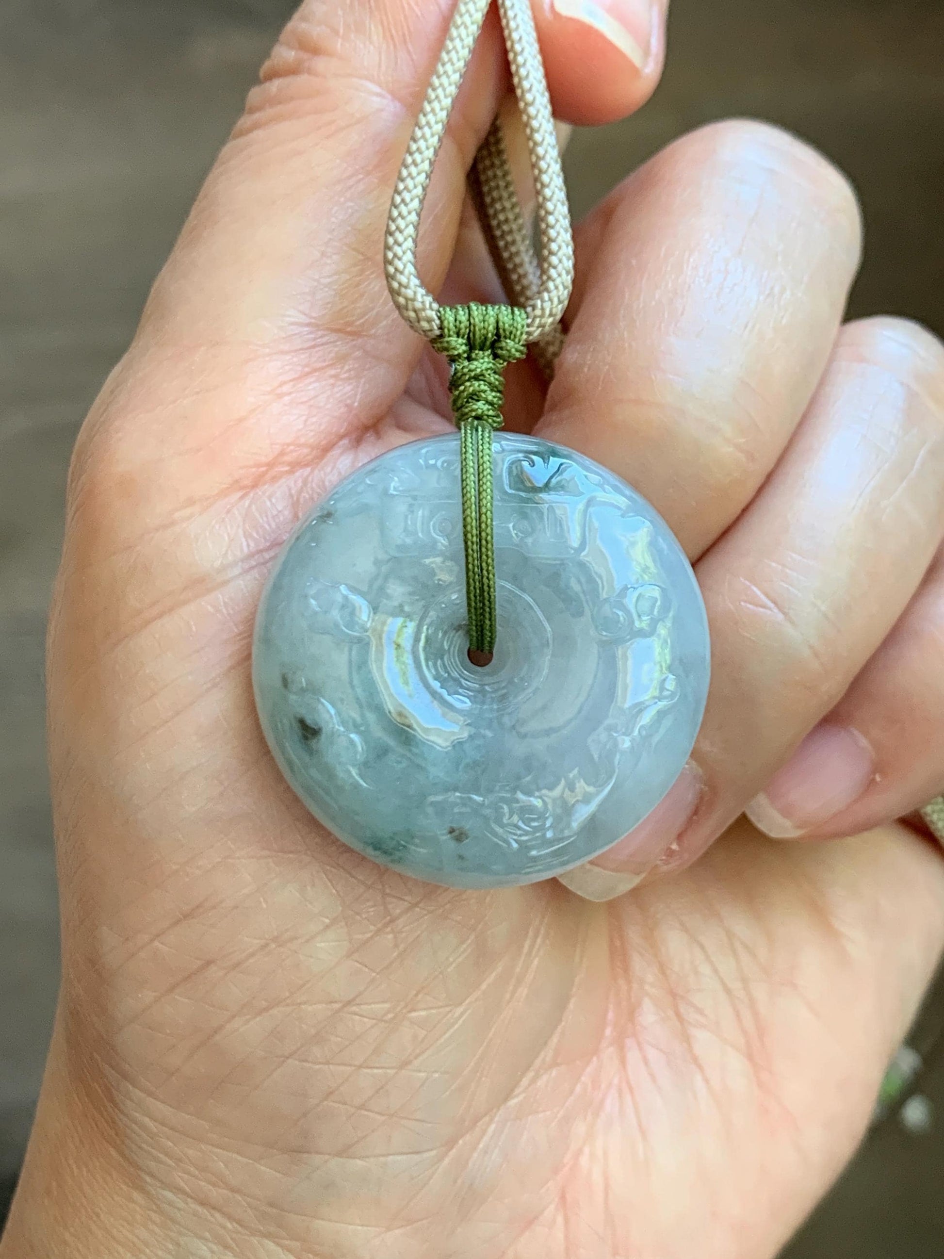Natural Grade A Icy Translucent Dusty Blue Marbled Jade Jadeite Engraved Ping An Kou Donut Pendant Rope Necklace 24” 天然冰胶蓝底飘花翡翠仿古平安扣项链MPK198