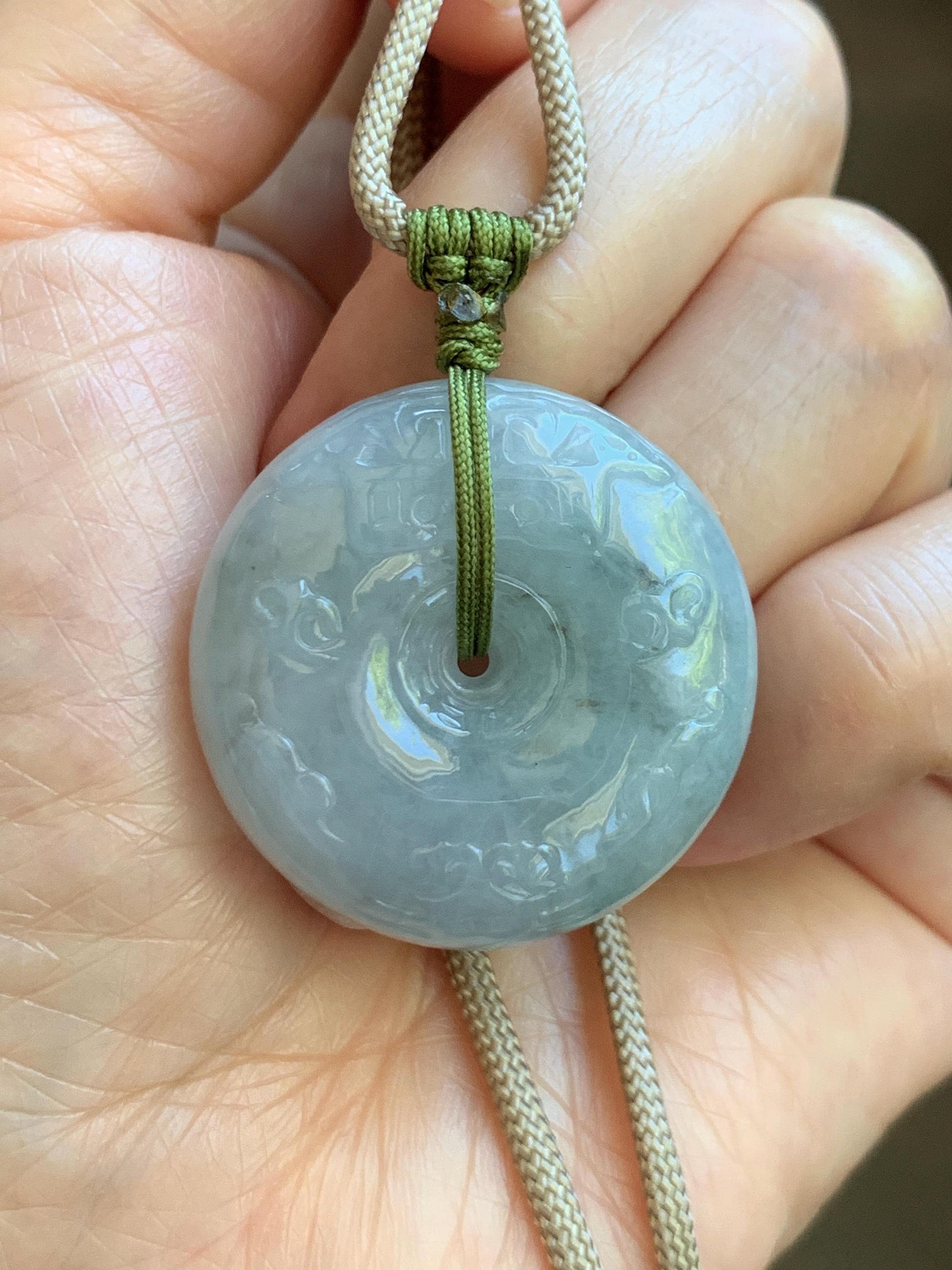 Natural Grade A Icy Translucent Dusty Blue Marbled Jade Jadeite Engraved Ping An Kou Donut Pendant Rope Necklace 24” 天然冰胶蓝底飘花翡翠仿古平安扣项链MPK198