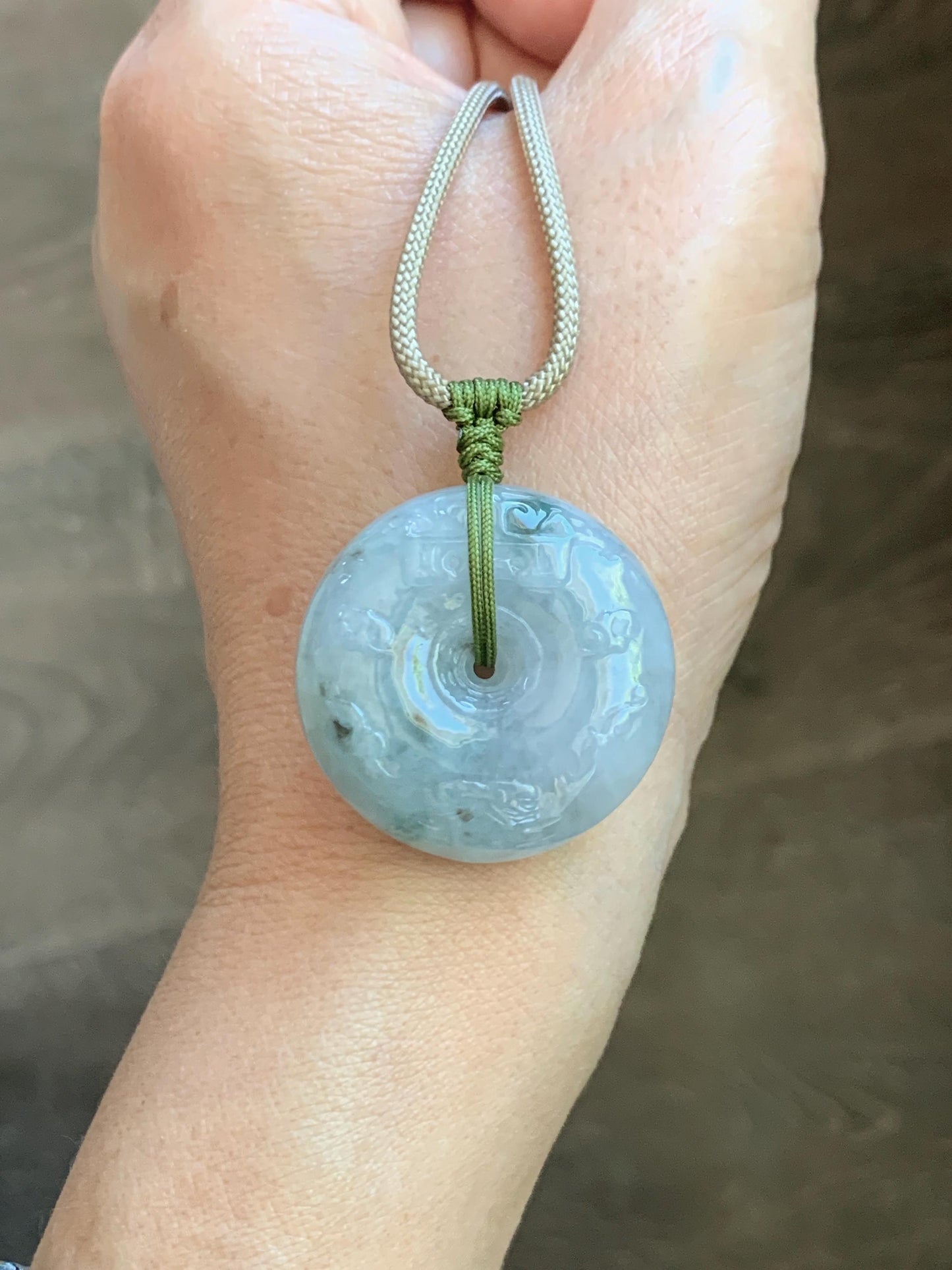 Natural Grade A Icy Translucent Dusty Blue Marbled Jade Jadeite Engraved Ping An Kou Donut Pendant Rope Necklace 24” 天然冰胶蓝底飘花翡翠仿古平安扣项链MPK198