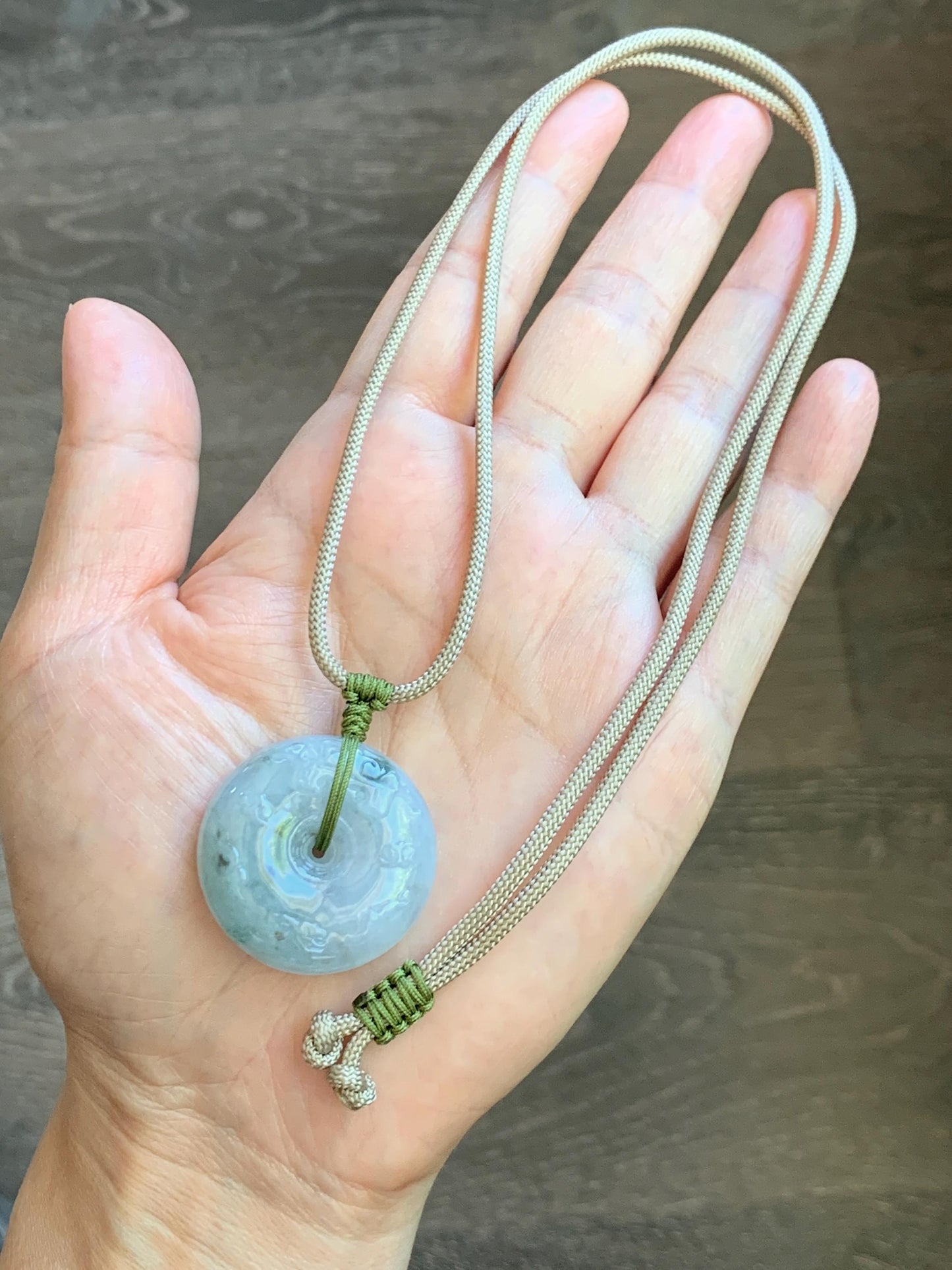 Natural Grade A Icy Translucent Dusty Blue Marbled Jade Jadeite Engraved Ping An Kou Donut Pendant Rope Necklace 24” 天然冰胶蓝底飘花翡翠仿古平安扣项链MPK198