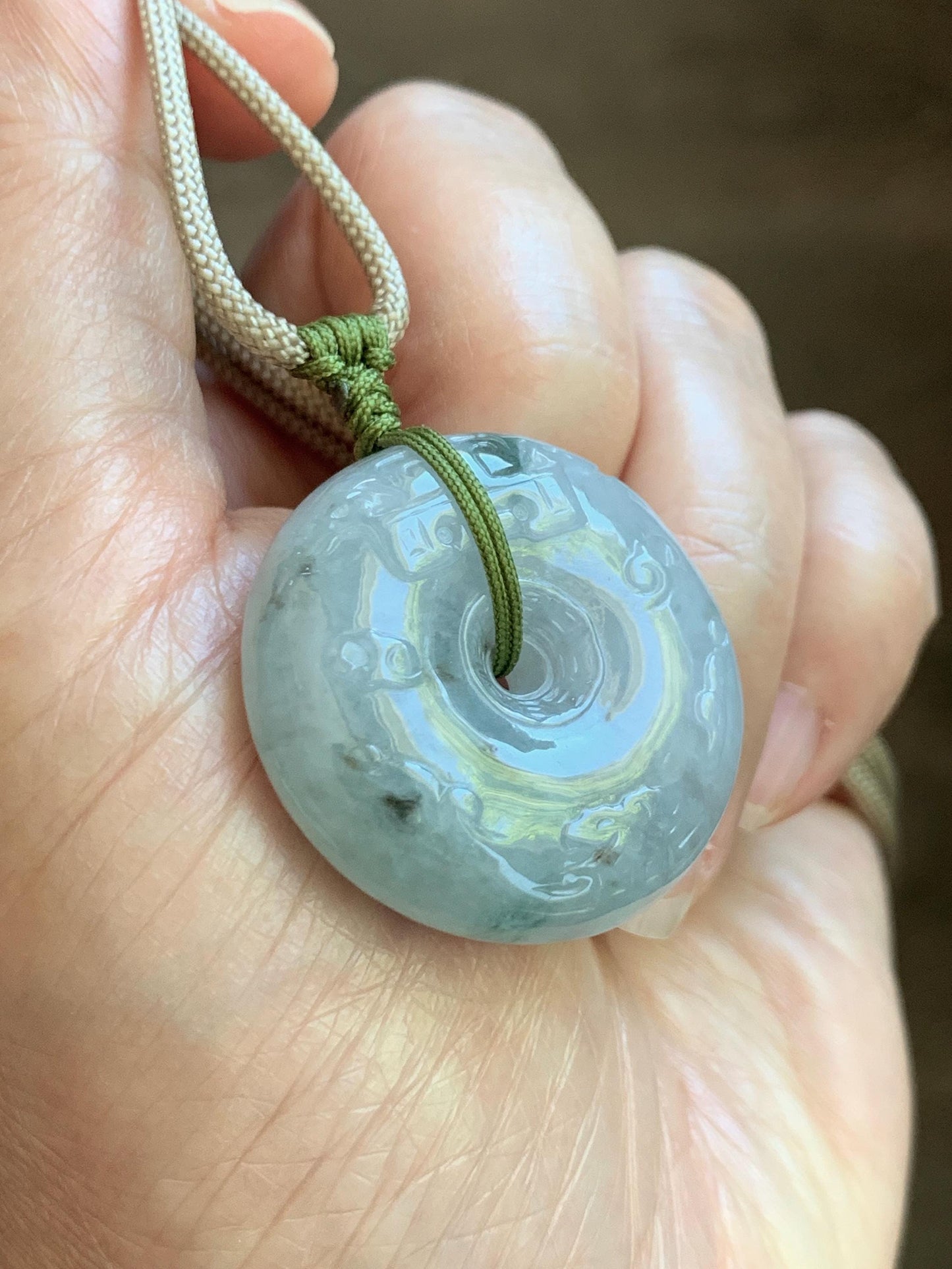 Natural Grade A Icy Translucent Dusty Blue Marbled Jade Jadeite Engraved Ping An Kou Donut Pendant Rope Necklace 24” 天然冰胶蓝底飘花翡翠仿古平安扣项链MPK198