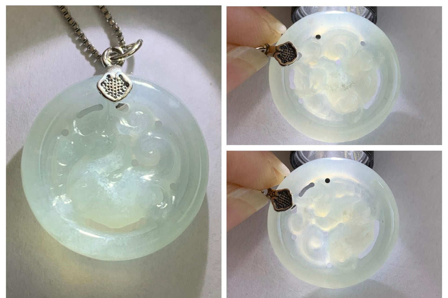 Natural Grade A Icy Translucent White Pale Green Undertone Jade Jadeite Openwork Qi Lin Pendant Sterling Silver 4g 天然冰胶淡青底翡翠镂空雕麒麟吊坠 MKA240Q