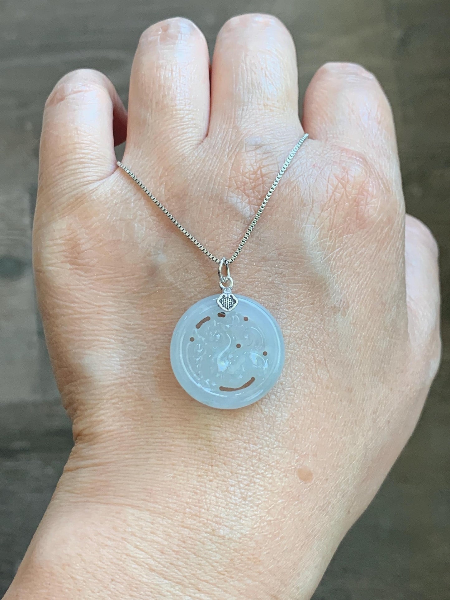 Natural Grade A Icy Translucent White Pale Green Undertone Jade Jadeite Openwork Qi Lin Pendant Sterling Silver 4g 天然冰胶淡青底翡翠镂空雕麒麟吊坠 MKA240Q